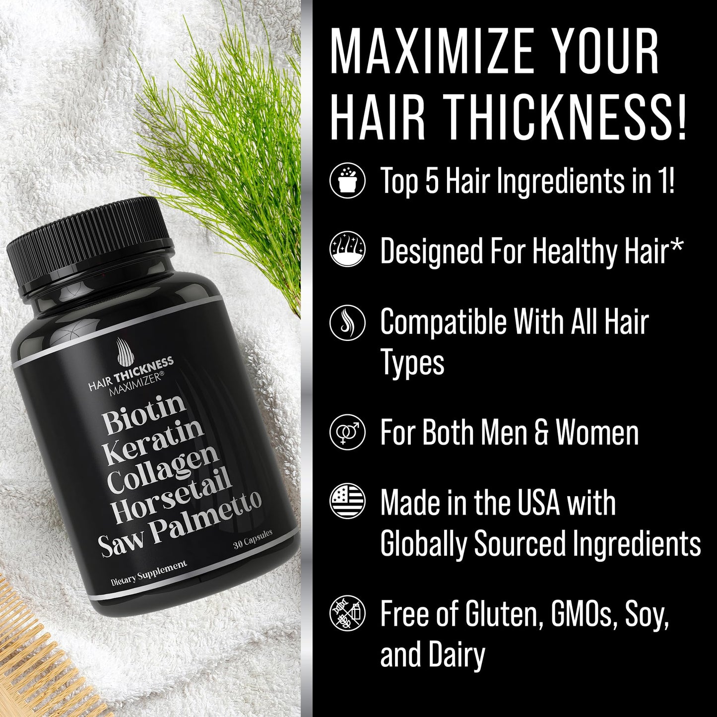 Biotin (5000mcg), Keratin, Collagen, Horsetail, Saw Palmetto – 5-in-1 Hair Growth Supplement & Vitamins for Women & Men, DHT Blocker Capsules for Thinning - Hair Growth Vitamins