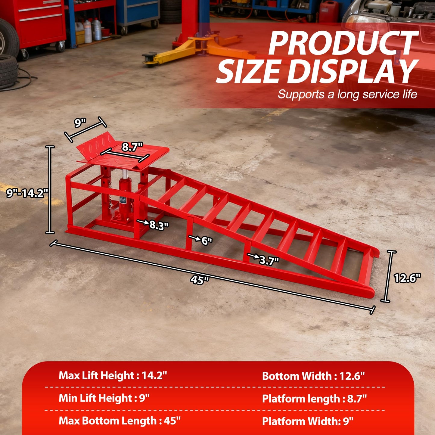 LOCKIETTA 2 PCS Hydraulic Car Ramp, 11065LBS 5T Heavy Duty Car Ramps with Hydraulic Jack, Steel Car Ramps for Oil Changes High Lift 9"-14.3" for Home Garage, Vehicle Truck Repair, Red