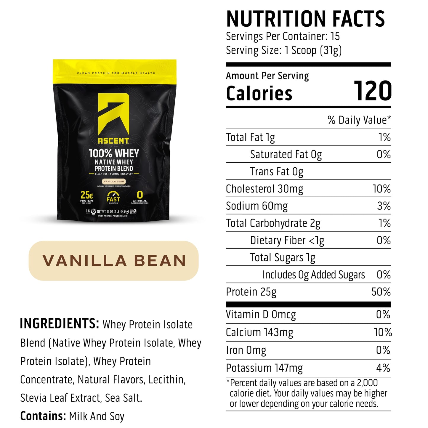 Ascent 100% Whey Protein Powder - Post Workout Whey Protein Isolate, Zero Artificial Flavors & Sweeteners, Gluten Free, 5.5g BCAA, 2.6g Leucine, Essential Amino Acids, Vanilla 1 lb