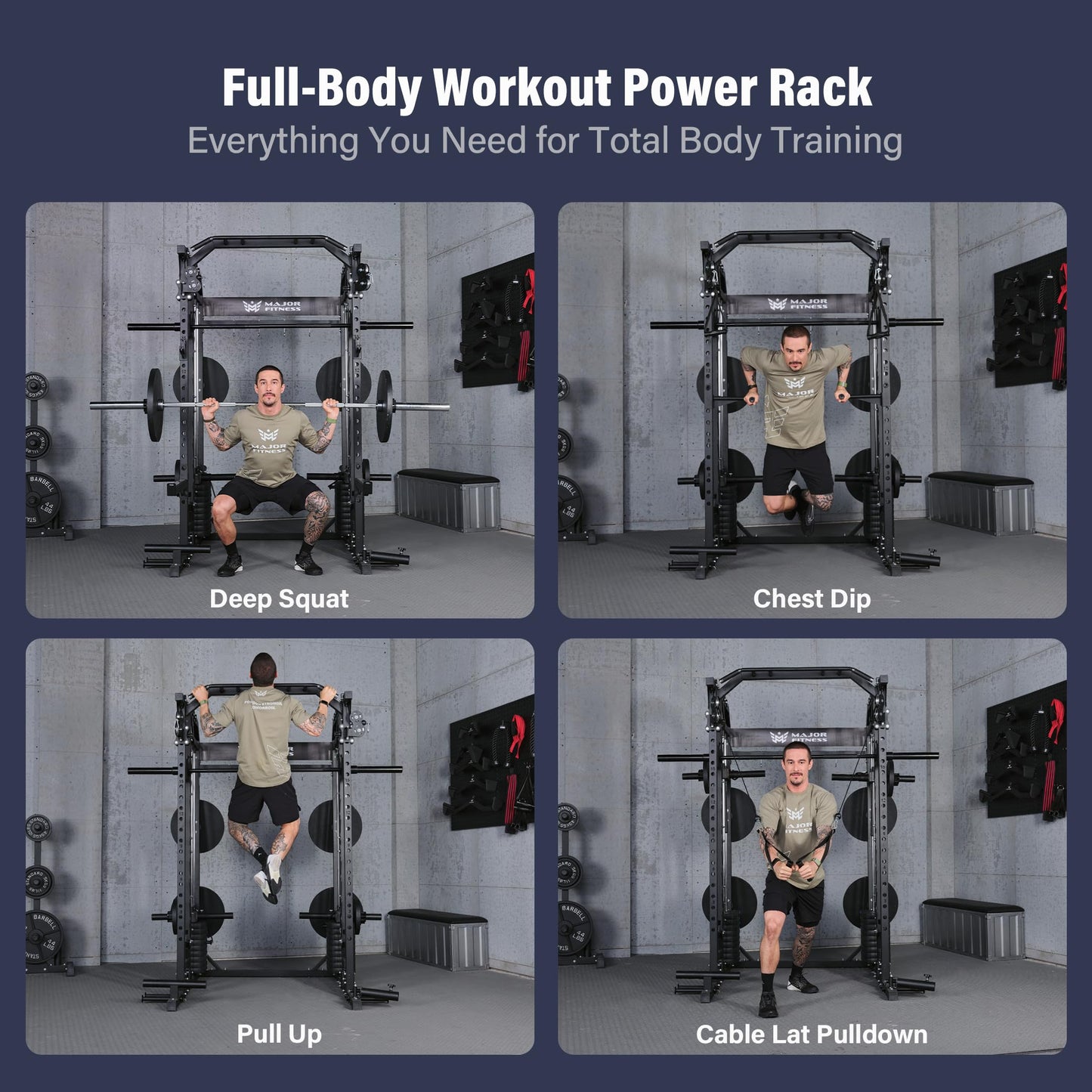 Major Fitness Drone2 Premium Smith△ Machine, All-in-One Home Gym Squat Rack with Aluminum Pulley Set, Weight Bar (SL D2AW Package(with Black Bench+230lb))