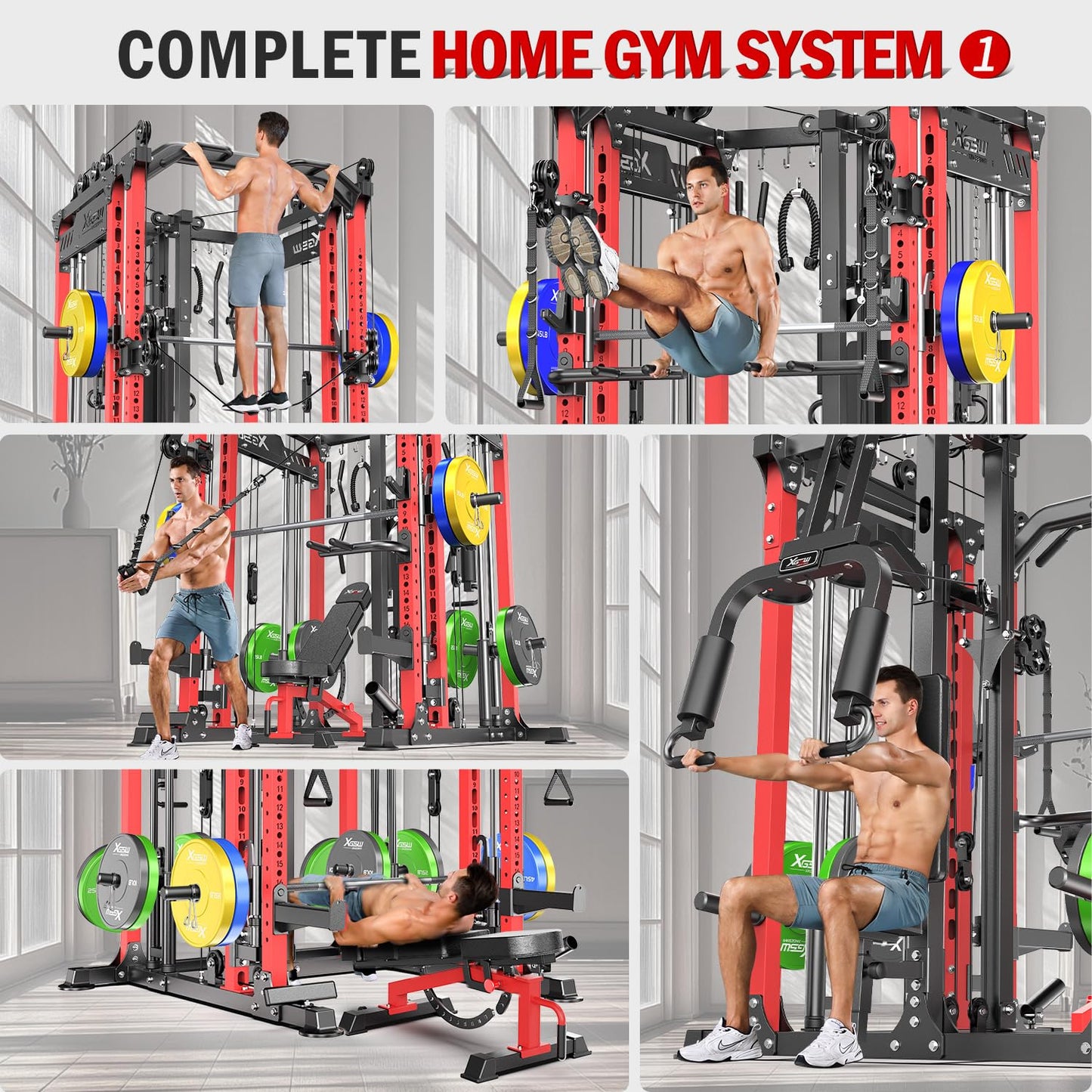 Smith Machine with Cable Crossover System, Multi-Function Power Cage Squat Rack for Home Gym, Power Rack and Packages Weight Sets. (Red, L06-Smith Machine+Bench+(Pole+Cast lron) 250LBS)