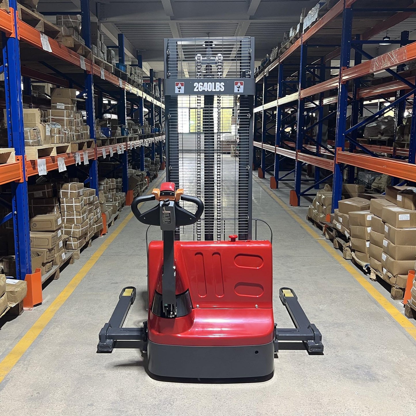 MechMaxx 2640lbs Lithium-ion Electric Straddle Stacker, 118" Lift, Adjustable Legs & Forks, Model F26-118S