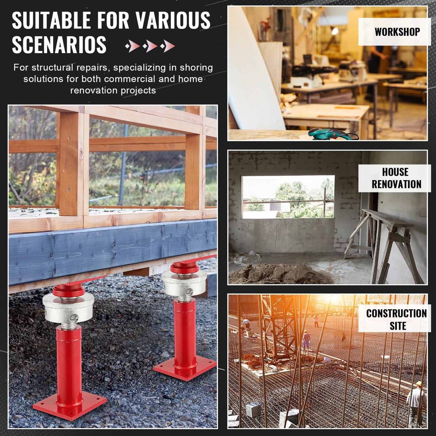 Lanties Adjustable Screw Jack Post for House Leveling, Manufacturing House Jacks with Wrench Screw Steel Shores, Range of Adjustment(9.5''-15'',Red,4 Pcs)