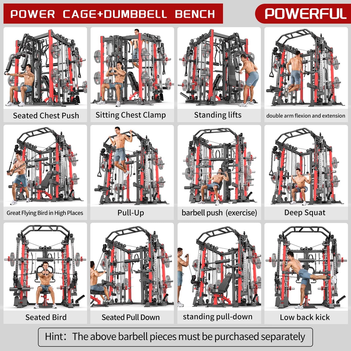 XGSW Smith Machine with Cable Crossover System, Multi-Function Squat Rack Power Cage for Home Gym, Power Rack and Packages Weight Sets (L07 Two Users, Power cage Red+Bench)