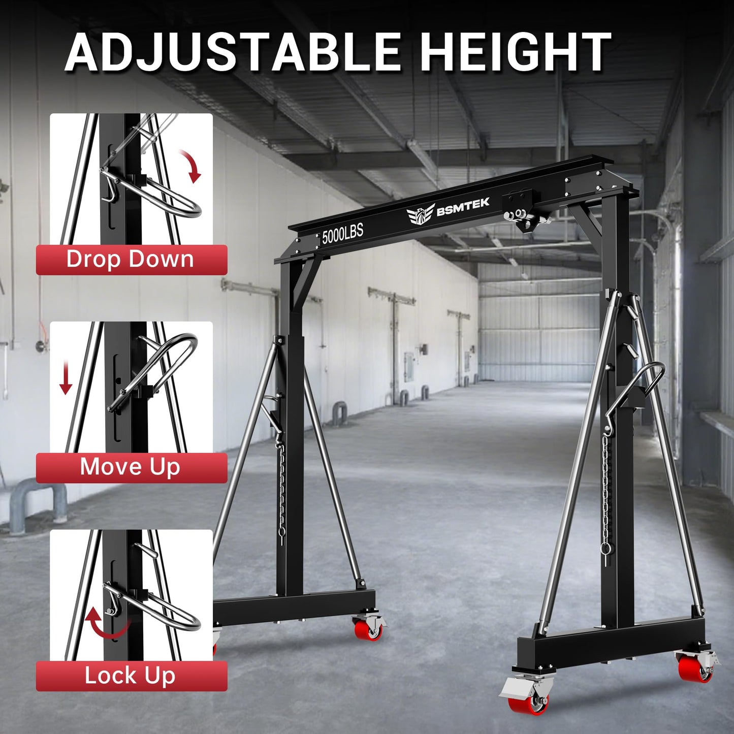 2 Ton Adjustable Gantry Crane,2026 Upgraded 5000LBS Steel I-Beam Construction, Portable Design with 360°Locking Wheels,Gantry Crane Adjustable Height from 8.53-12.5ft for Workshop,Garage
