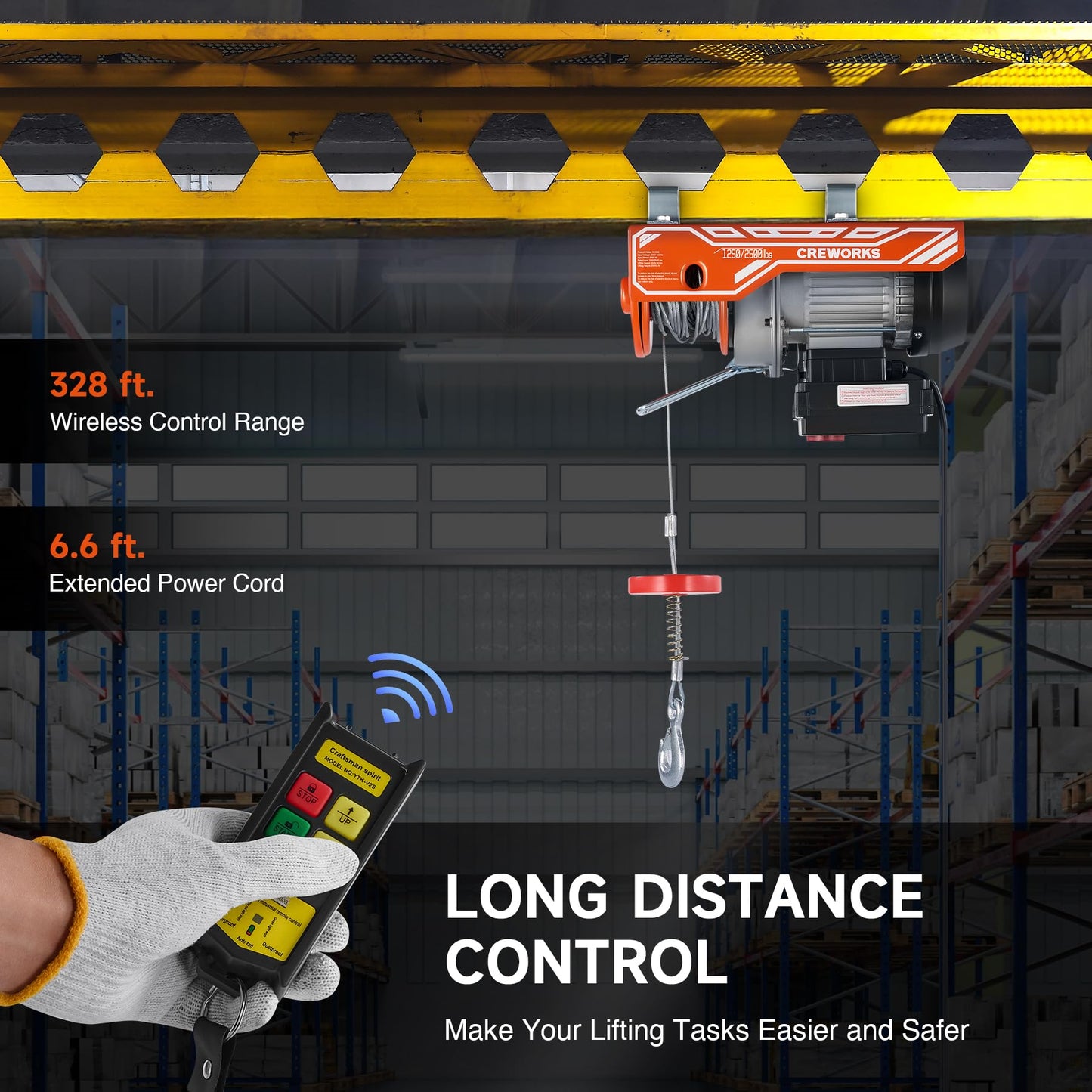 CREWORKS Electric Hoist, 2500lbs Electric Hoist with 328ft Wireless Remote Control 39ft Single Cable Lifting Height, 1800W Single Double Slings Hoist Lift Ceiling Winch for Factory Warehouse Garage