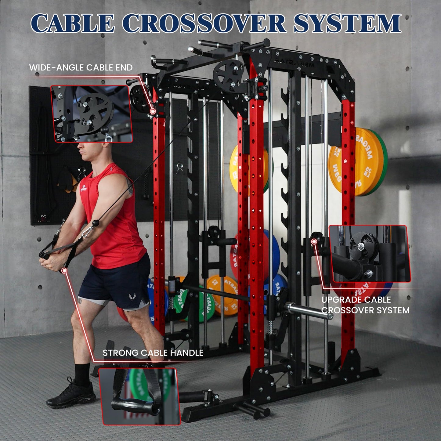 MEGASTAR FITNESS Smith Machine, 2600LBS Squat Rack, 7-in-1 Home Gym Cage with Adjustable Safety Bars, Pull-Up & LAT Pulldown