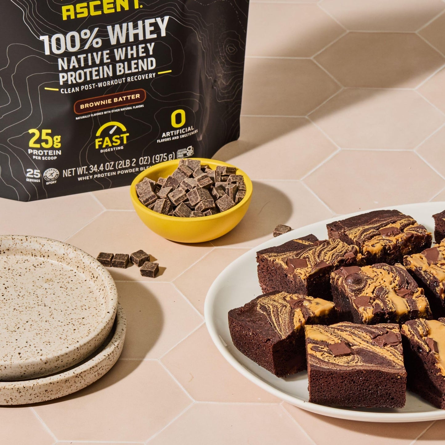 Ascent 100% Whey Protein Powder - Post Workout Whey Protein Isolate, Zero Artificial Flavors & Sweeteners, Gluten Free, 5.5g BCAA, 2.6g Leucine, Essential Amino Acids, Brownie Batter 1.7 lb