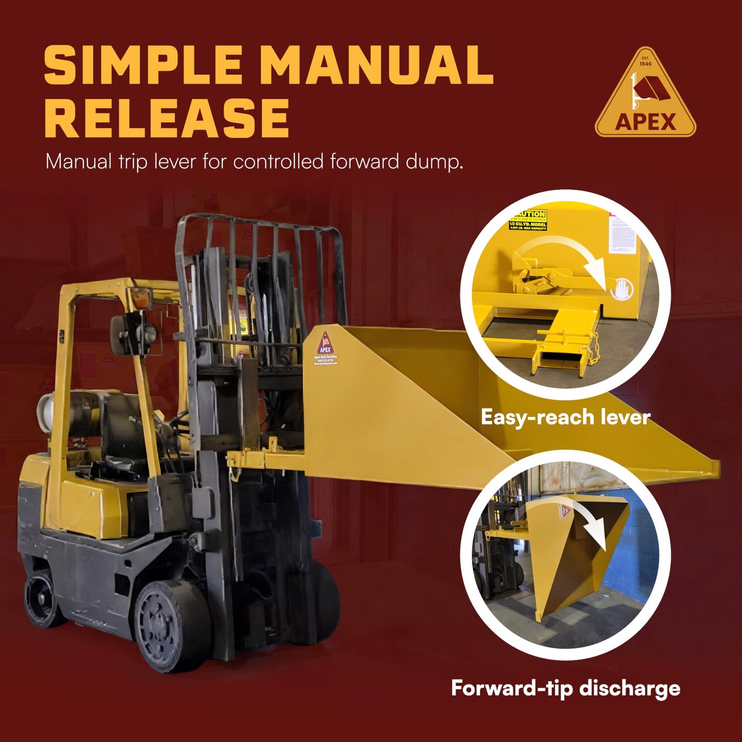 Apex 1/2 Cubic Yard Forklift Front Loading Self-Dump Bucket Attachment, 45 in Width, 4000 lb Max Capacity, 550 lb Weight, Yellow, Transport Snow Gravel, Sand, Brush