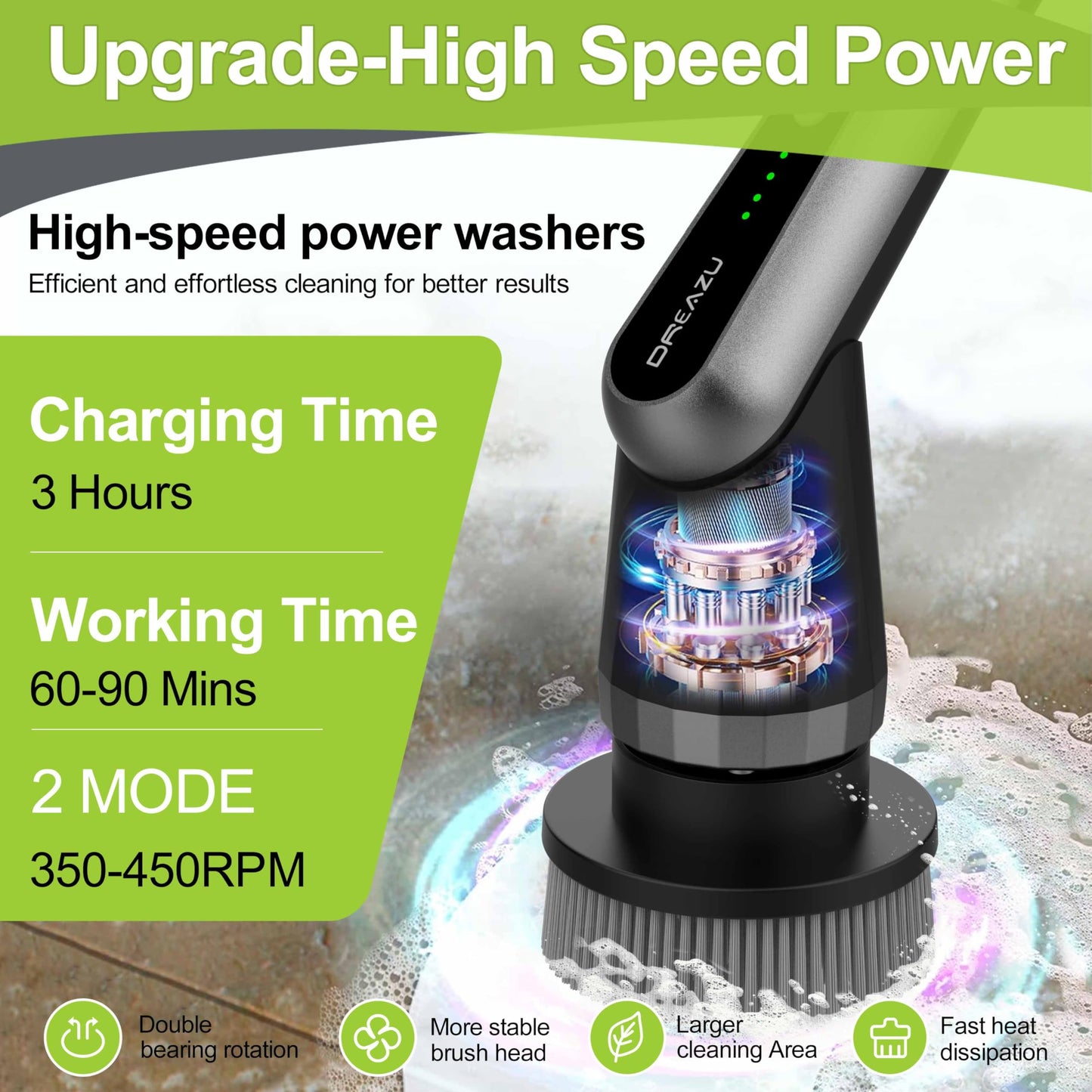 Dreazu G2-Pro Electric Spin Scrubber - Upgraded 10-in-1 Scrubber Brush Electric, Retractable Handle & 2-Speed for Bathroom, Bathtub, Kitchen, Tile Floors(Gray Brush Head