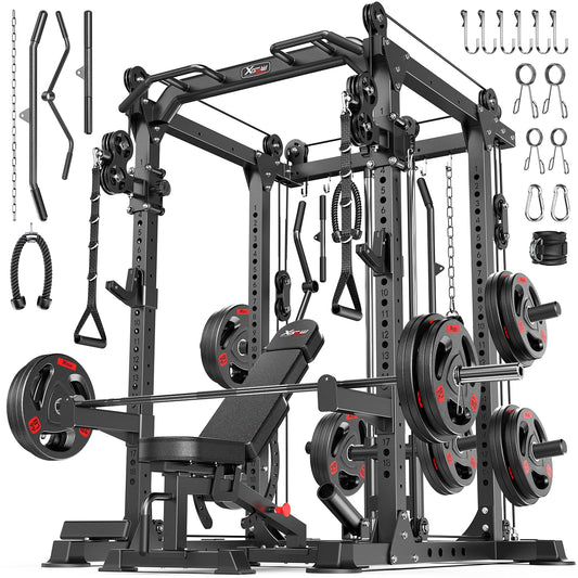 Power Rack Power Cage Multi-Function Squat Rack with Cable Crossover System Selectable More Training Attachment Power Rack for Garage & Home Gym (Black, C Set L02+Weight Bench+（pole+Cast Iron）182LBS)