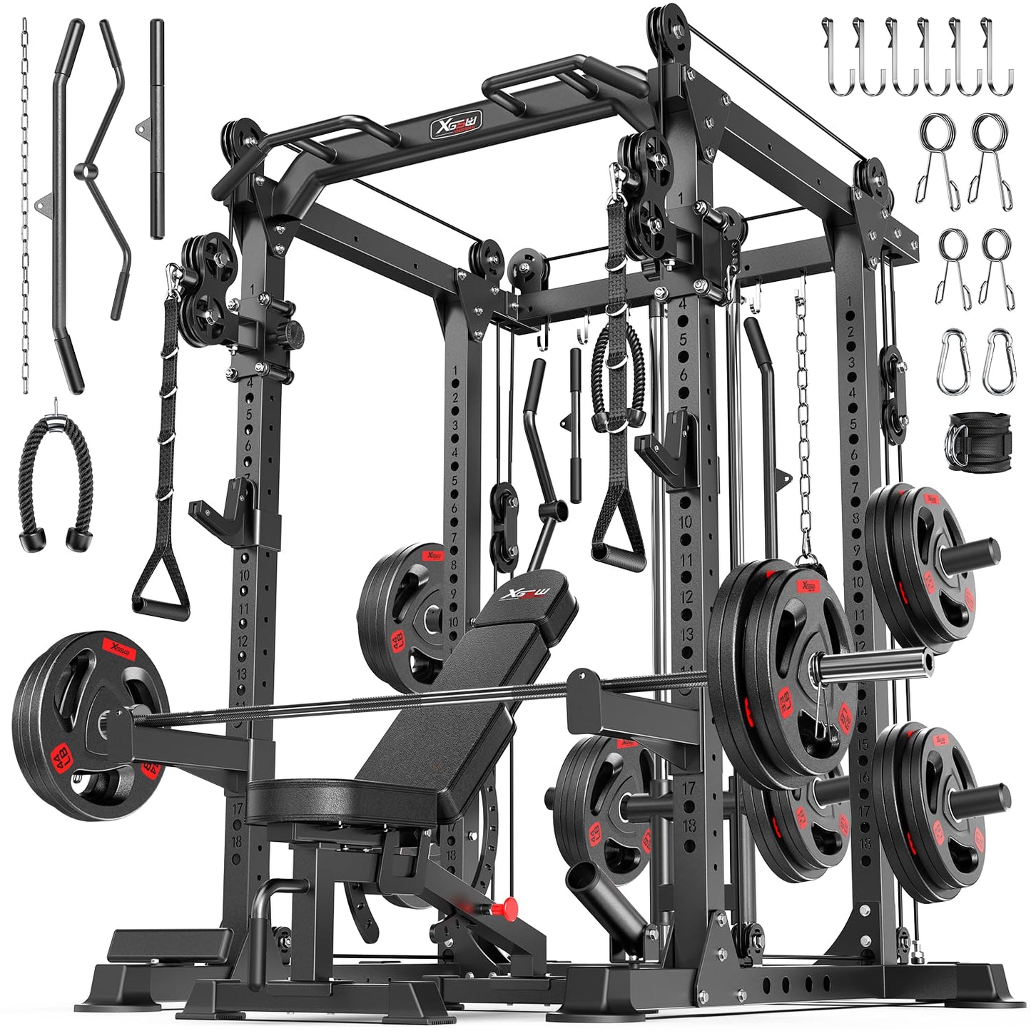 Power Rack Power Cage Multi-Function Squat Rack with Cable Crossover System Selectable More Training Attachment Power Rack for Garage & Home Gym (Black, D Set L02+Weight Bench+（pole+Cast Iron）248LBS)