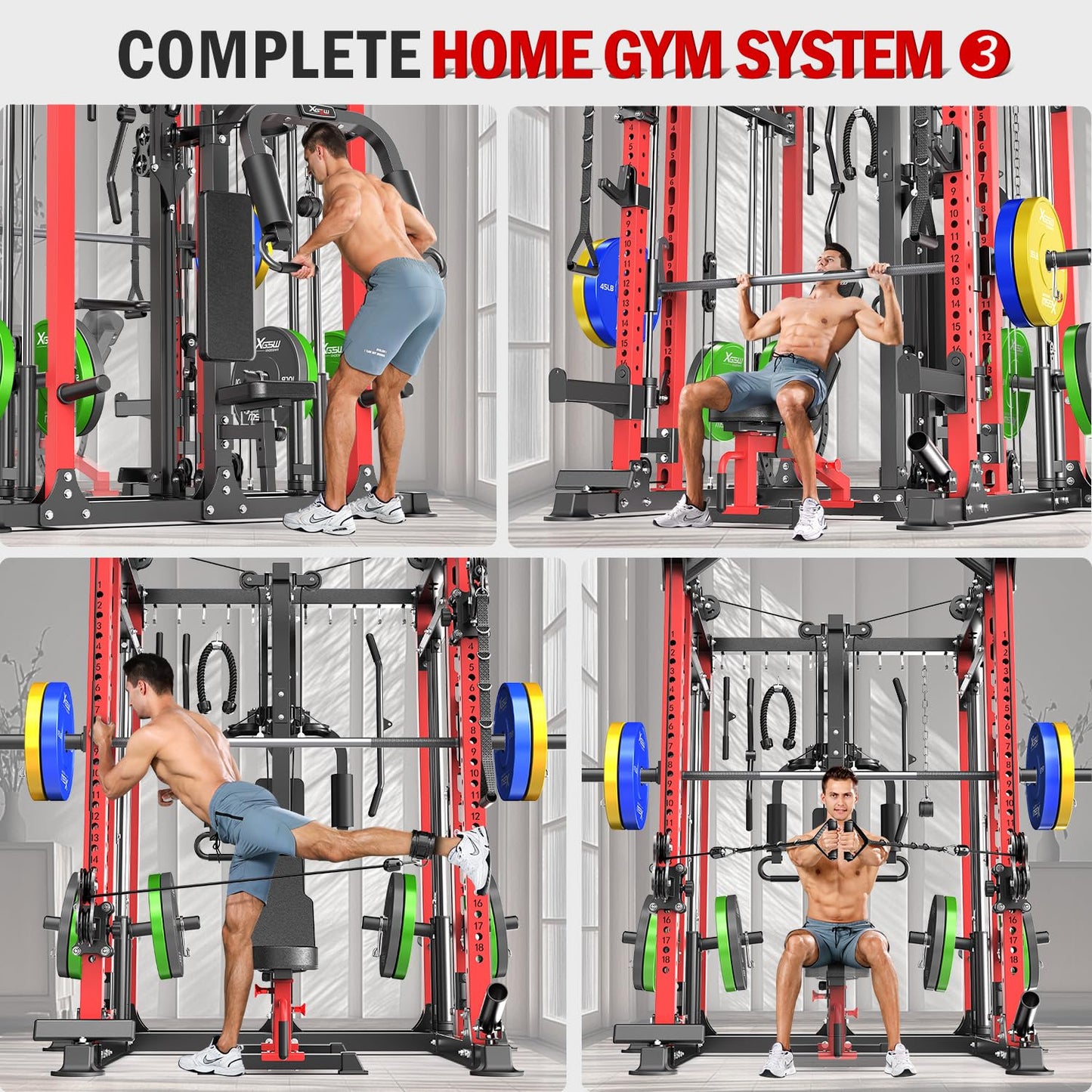 Smith Machine with Cable Crossover System, Multi-Function Power Cage Squat Rack for Home Gym, Power Rack and Packages Weight Sets. (Black, L06-Smith Machine)
