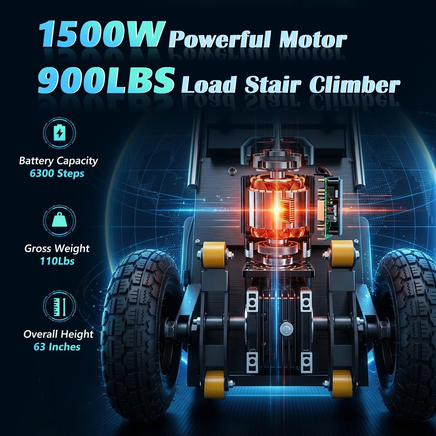 Electric Stair Climbing Dolly 1500W, Heavy Duty Stair Climber Hand Truck, Powered Stair Climbing Cart with 10" Anti-Slip Tires, Adjustable Speed Moving Cart for Appliances Furniture (Black)