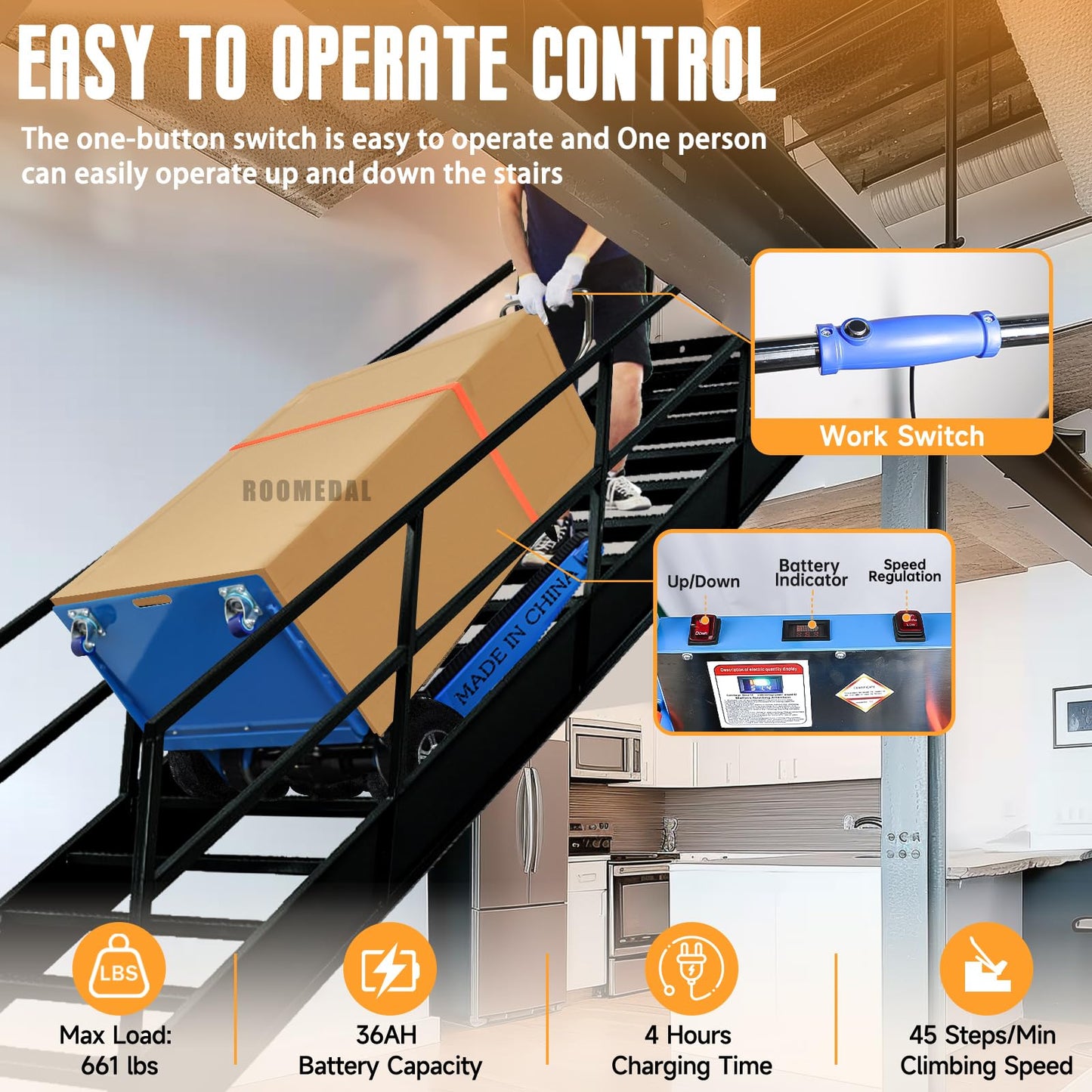 ROOMEDAL Electric Stair Climbing Hand Trucks Dolly Cart for Moving 661lb Capacity Heavy Duty Folding Stair Climber Cart Hand Trolley, for Furniture Family Logistics Warehouse (Pure Blue)