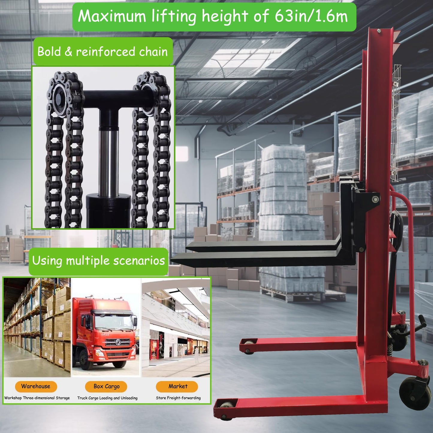 TECHTONGDA Manual Pallet Stacker, Hydraulic Hand Pallet Forklift, Material Lift Winch Stacker, 2200lbs Capacity, 63inch Lifting Height, Lift Truck Dolly for Warehouse & Factory