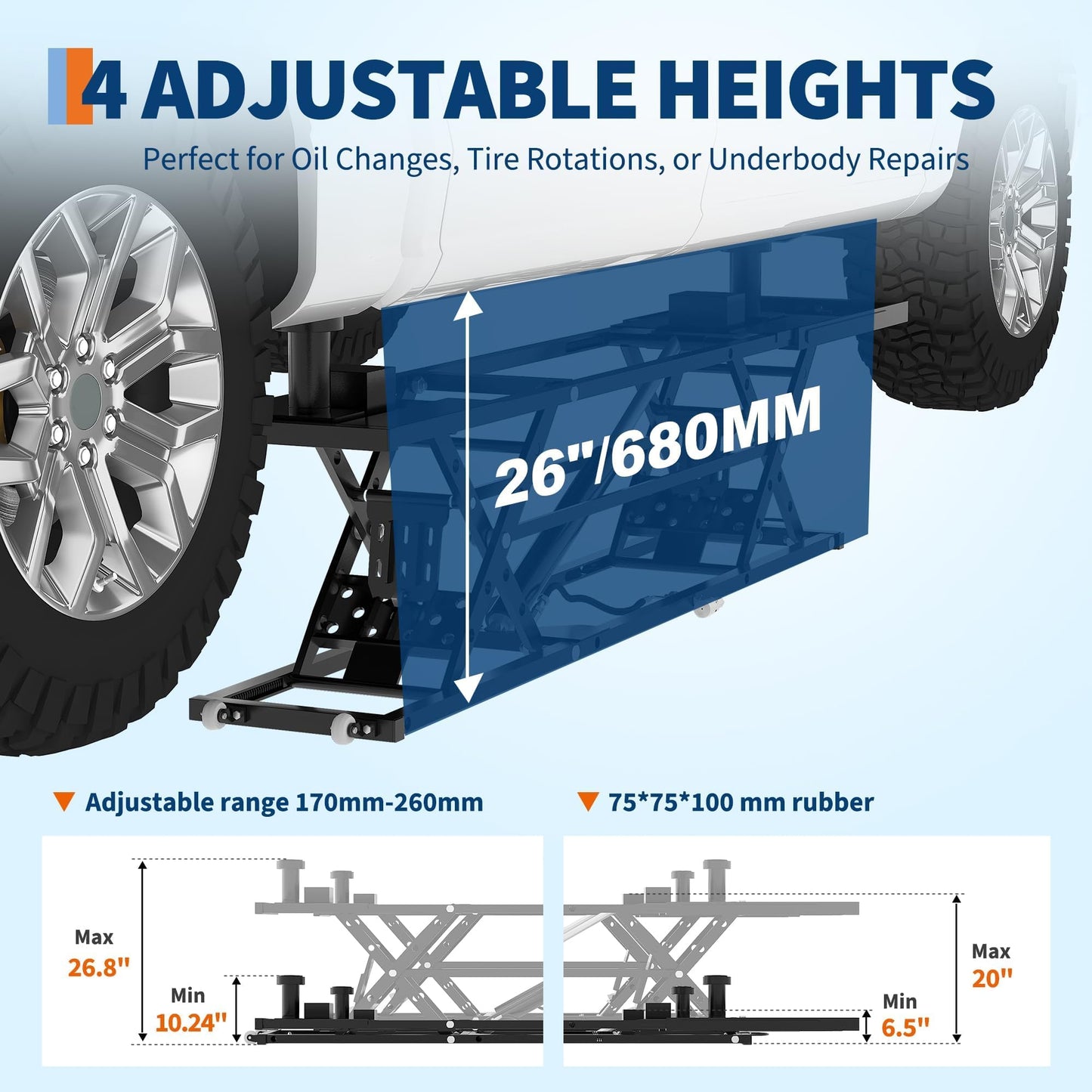Portable Car Lift 5000 LBS, Heavy-Duty Carbon Steel Auto Lift Jack for Garage & Shop, Adjustable Height 5.67 in-26.8 in, with Extension Plates & Safety Locks, Fits Trucks, SUVs, Sedans