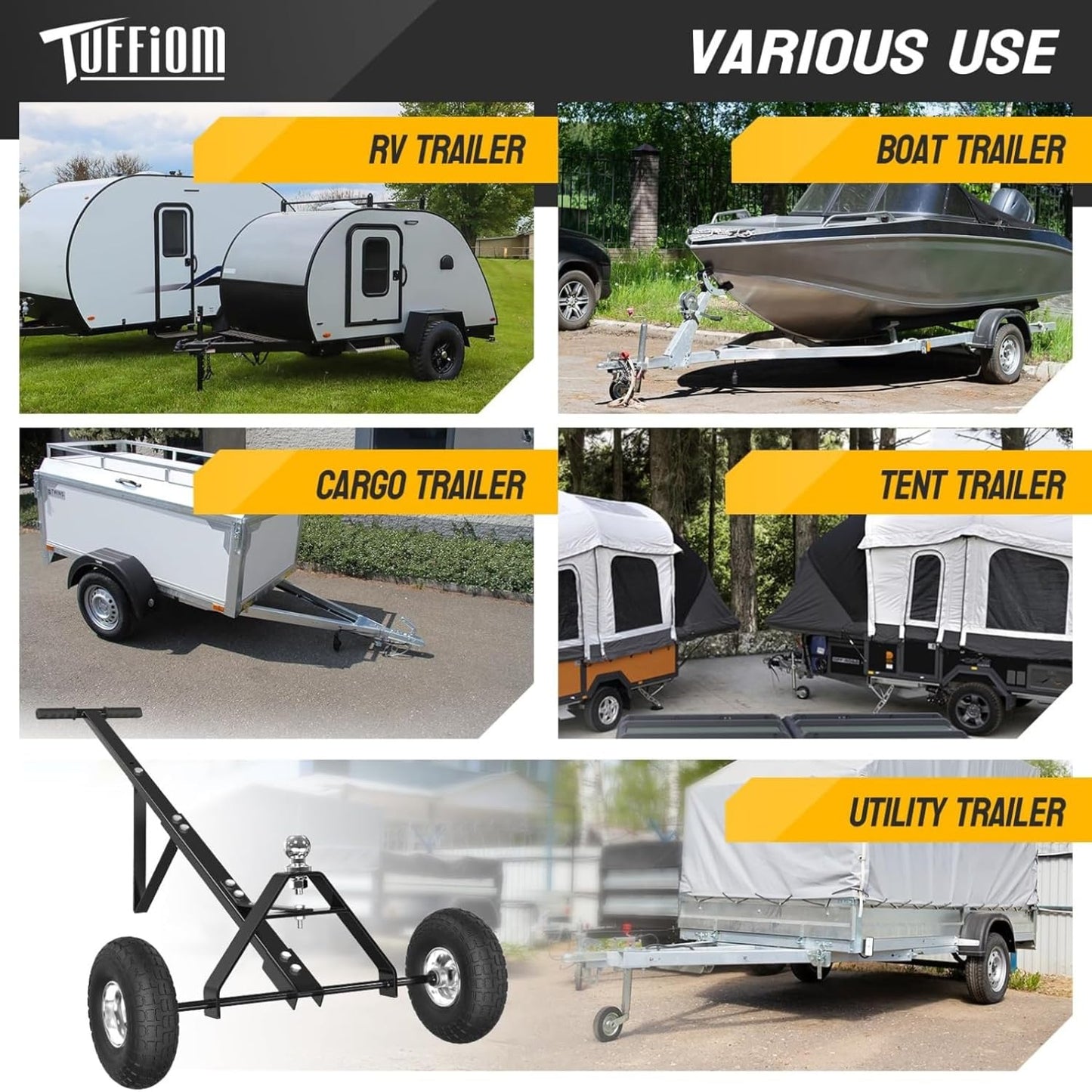 Heavy-Duty Steel Trailer Dolly - 600 Lb Load Capacity, Pneumatic Wheels, 44" Handle for Easy Maneuvering of Boat, Utility, and Jet Ski Trailers (Black)