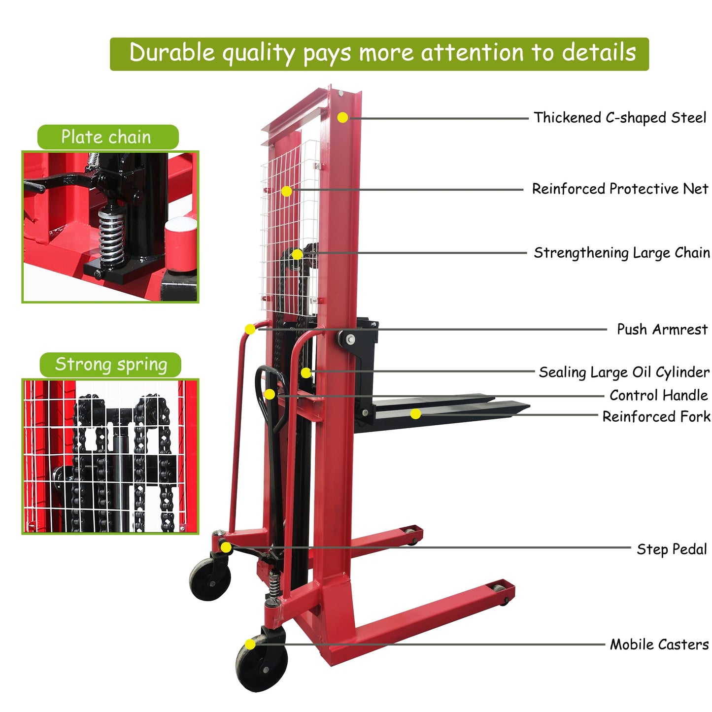 TECHTONGDA Manual Pallet Stacker, 4400 lbs Capacity, 63inch Lift Height Adjustable, Material Lift Winch Stacker, Hydraulic Forklift for Single Sided Pallet, Truck Dolly for Warehouse & Factory