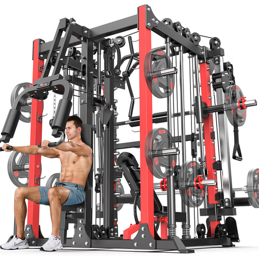 Smith Machine，Multi-Function Squat Rack Power Cage with Cable Crossover System,with Optional Weight Bench, Olympic Barbell Weight Set, for Home Gym (red, L07-Power Cage + Weight Bench)