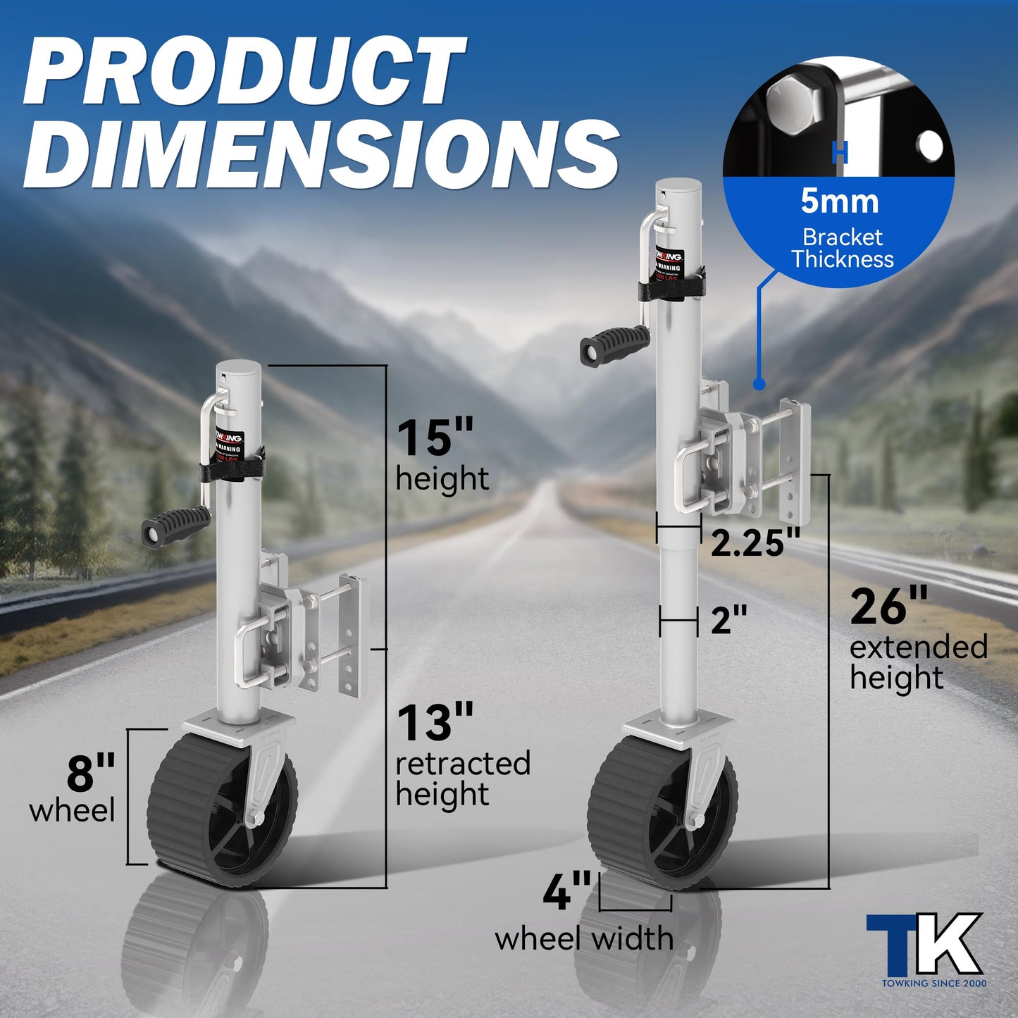 TOWKING 8-inch Wheel Trailer Jack, 13" Vertical Movement, 2000 lbs, for RV, Boat, Trailer and More