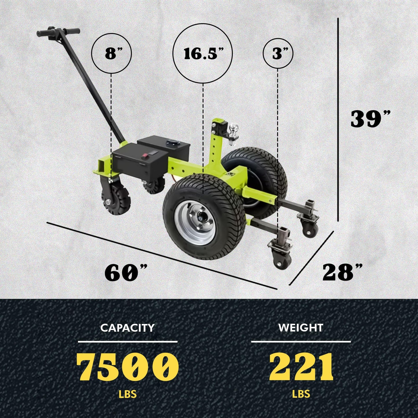 Tow Tuff Electric Trailer Dolly with Adjustable Ball Hitch, 7500 Pound Capacity, Green