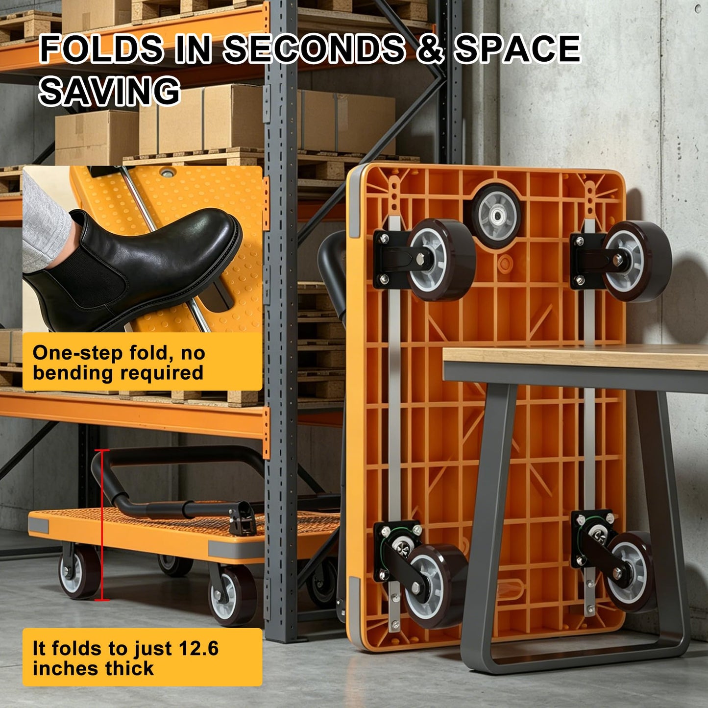 WUD Push Cart, Folding Mobile Platform Trolley,Thickened and Reinforced, 360° Swivel Wheels,35.4 “L x 23.6 ”W, 1323 lb. Yellow