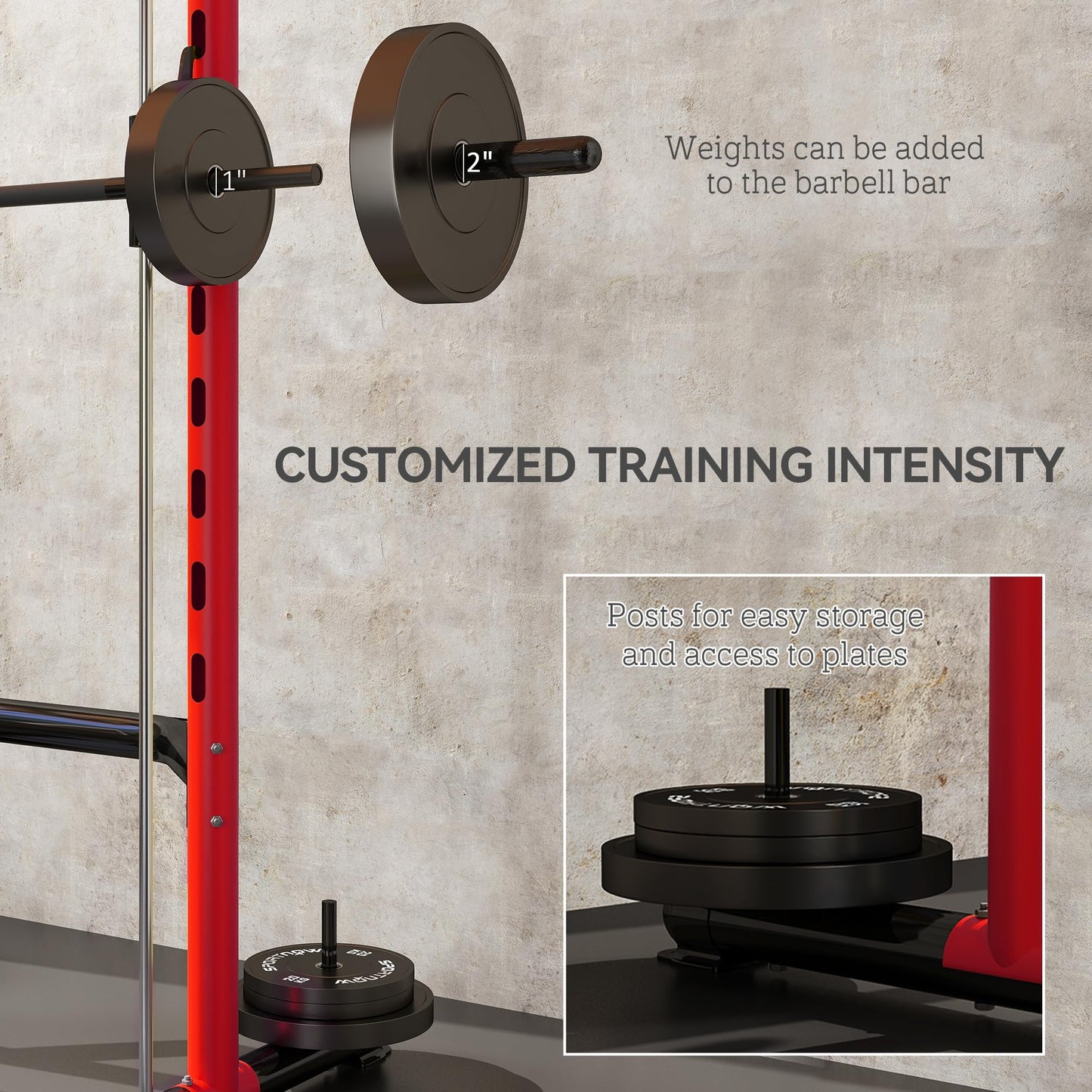 Soozier Squat Rack with Pull-Up Bar, Adjustable Power Rack with Barbell Bar, Multi-Functional Steel Bench Press Rack for Home Gym Strength Training, Black, Red