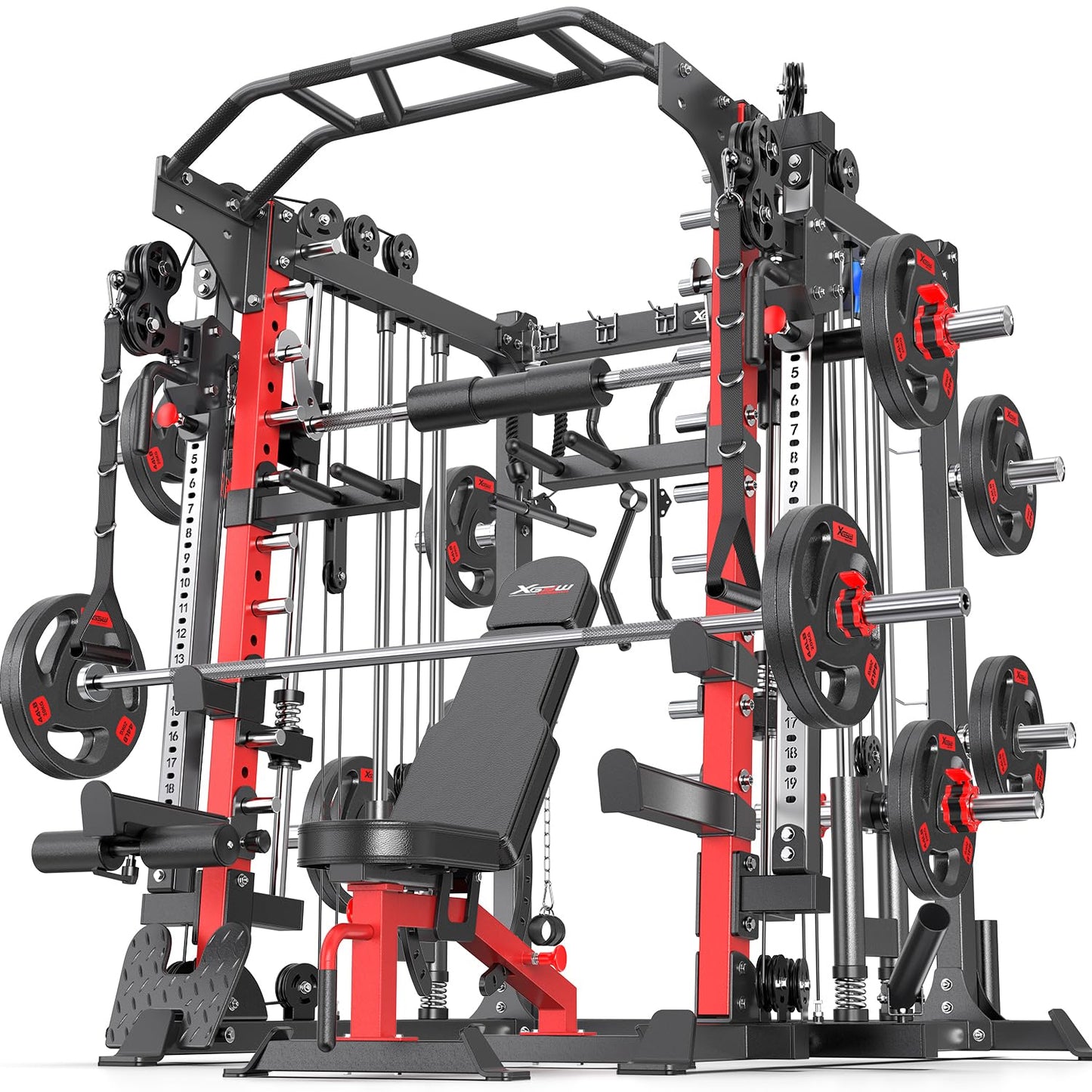 Smith Machine，Multi-Function Squat Rack Power Cage with Cable Crossover System,with Optional Weight Bench, Olympic Barbell Weight Set, for Home Gym (red, L05-Package(（Pole+Cast Iron） 319LBS