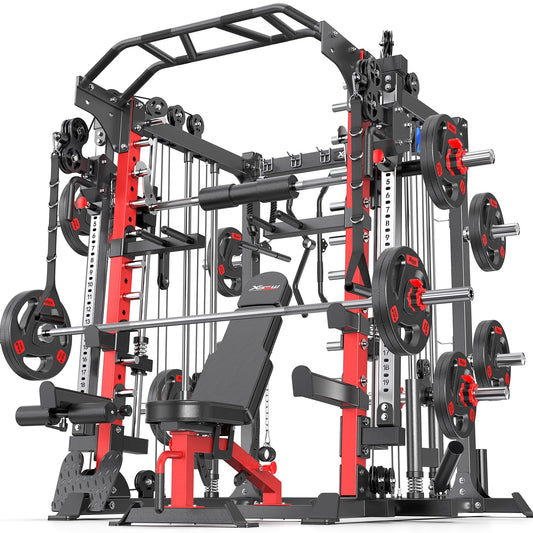 Smith Machine，Multi-Function Squat Rack Power Cage with Cable Crossover System,with Optional Weight Bench, Olympic Barbell Weight Set, for Home Gym (red, L05-Package(（Pole+Cast Iron） 319LBS