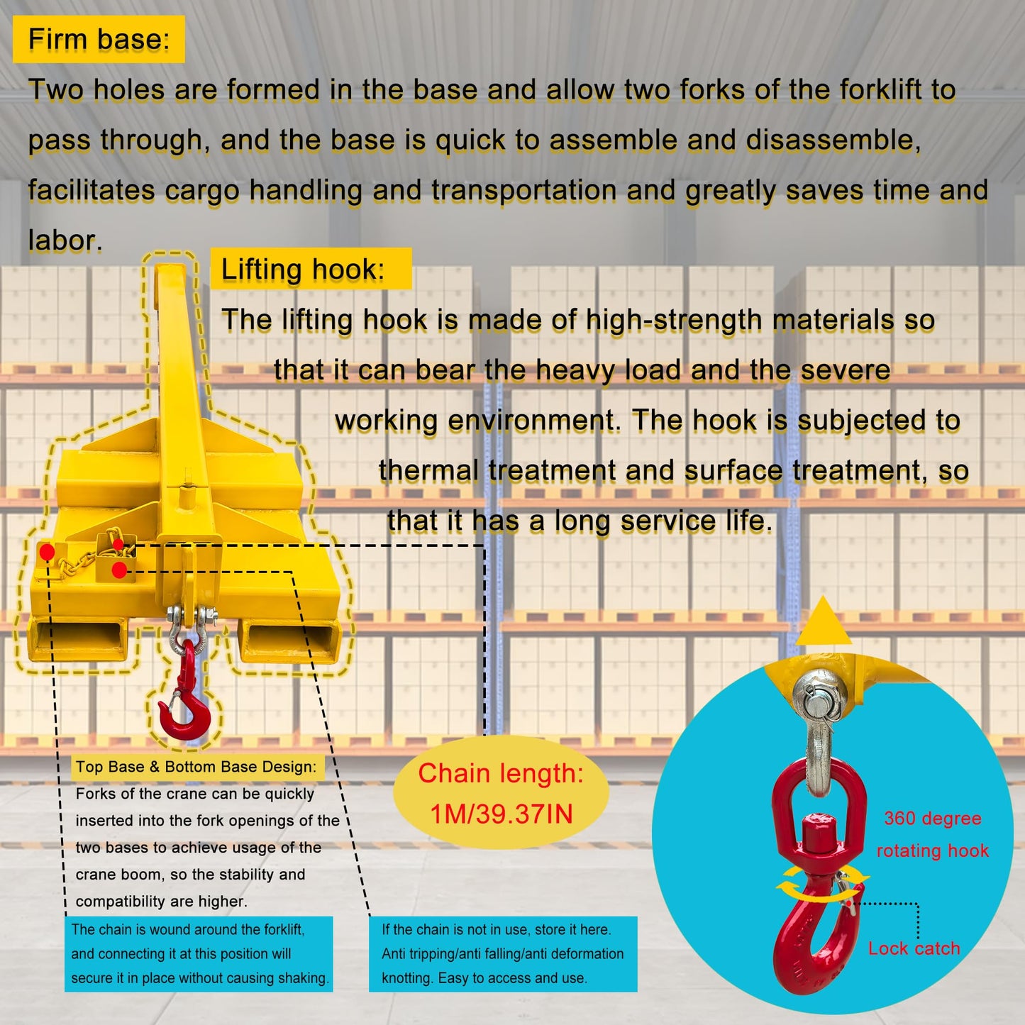 HayWHNKN 2T Forklift Jib Boom Hoist 12.1FT Bidirectional Telescopic Mobile Crane Attachment with 2 Bases, 2 Hooks, 6.3x2.56'' Socket, Lifting Towing Handling for Warehouse & Construction Material
