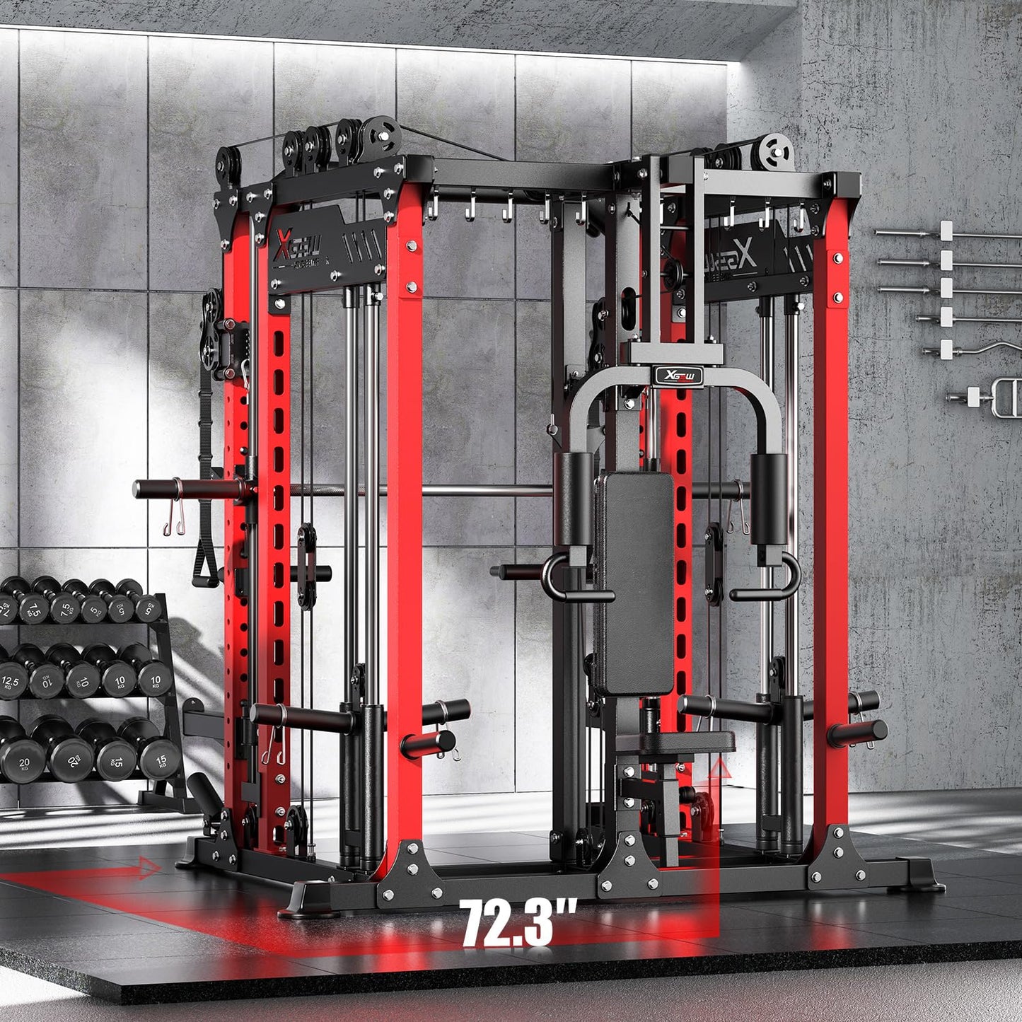 Power Cage and Packages，Smith Machine Weight Stack Set with Cable Crossover System, Multi-Function Squat Rack Power Rack for Home Gym (L06, Red-Power Cage)