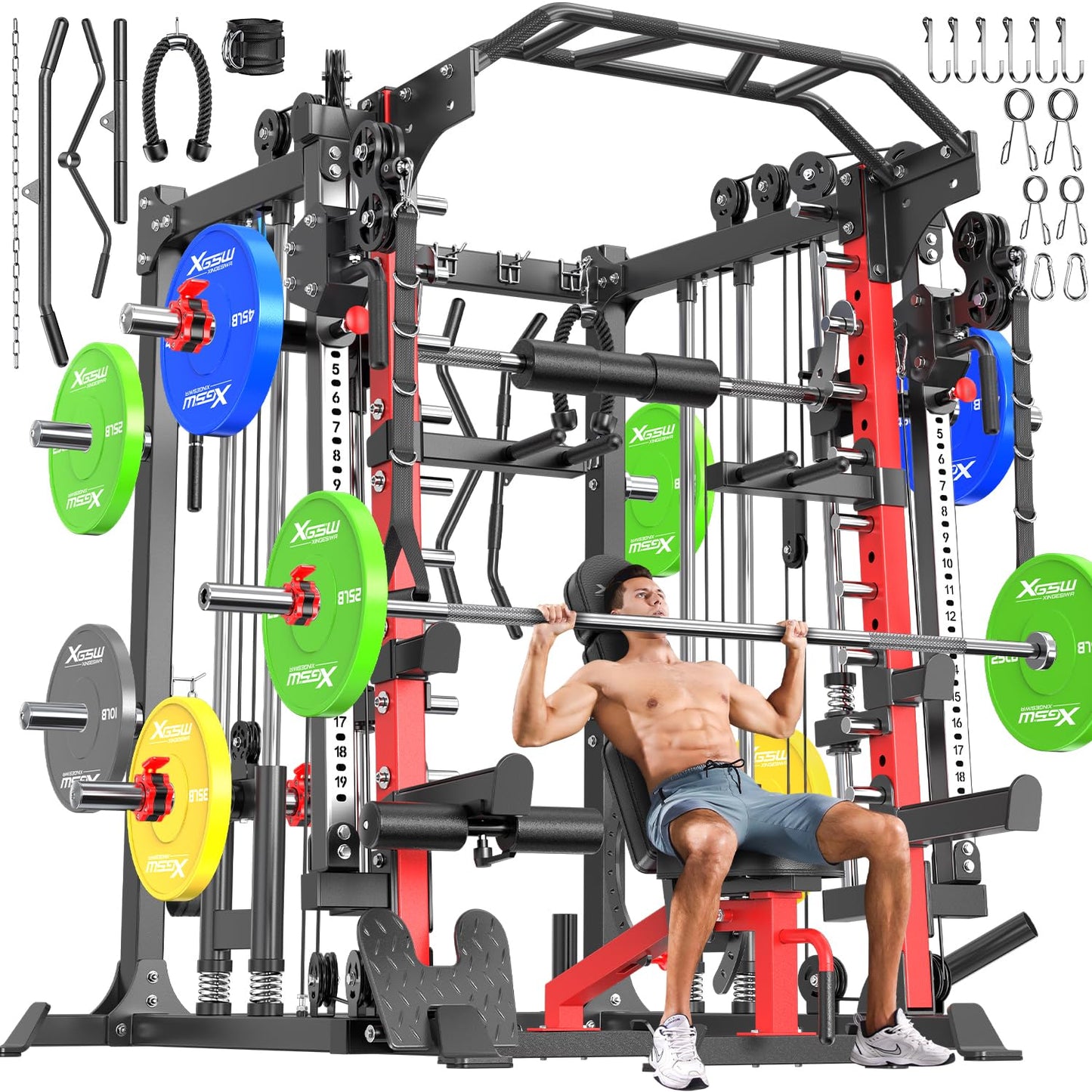 Smith Machine with Cable Crossover System, Multi-Function Squat Rack Power Cage for Home Gym, Power Rack and Packages Weight Sets (Red, L05-Smith Machine+Bench+(Pole+Color BP) 403LBS)