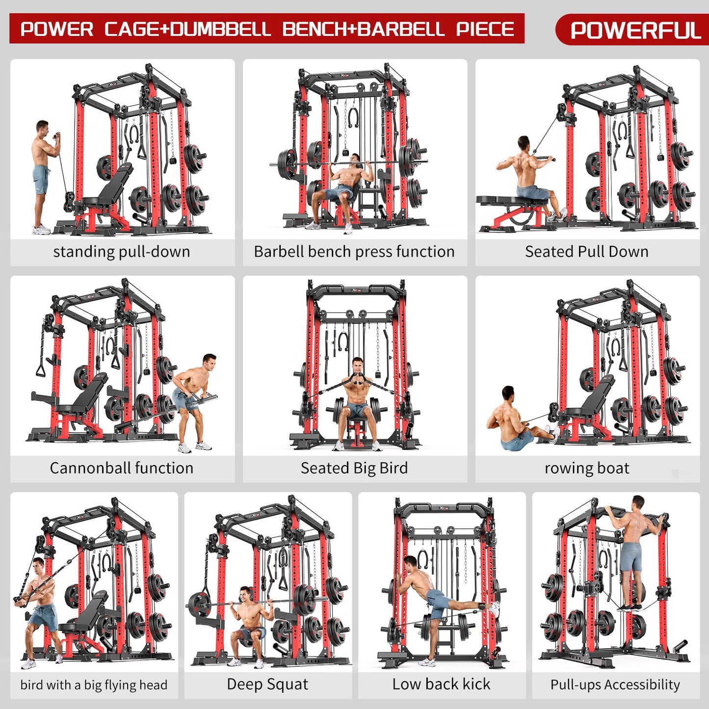 XGSW XINGESIWR Multi-Purpose Squat Rack,Smith Machine Weight Rack Set with Cable Crossover System, Home Gym Power Racks, Power Racks and Packages (L02, Power cage Red+Bench+Cast lron 220LBS)