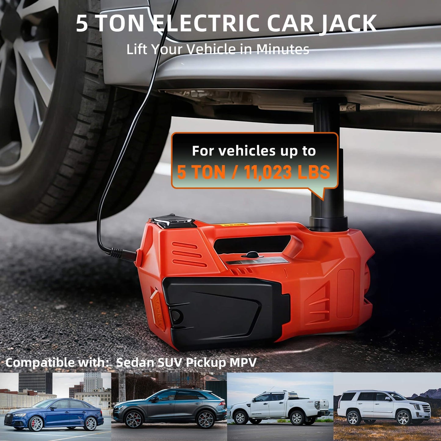 SEICETEC Electric Car Jack, 5 Ton Hydraulic Floor Jack with Electric Impact Wrench, Tire Inflator & LED Light, Lift Range 6.1-17.7 Inch, Emergency Roadside Tire Changing Kit for SUV Sedan Truck