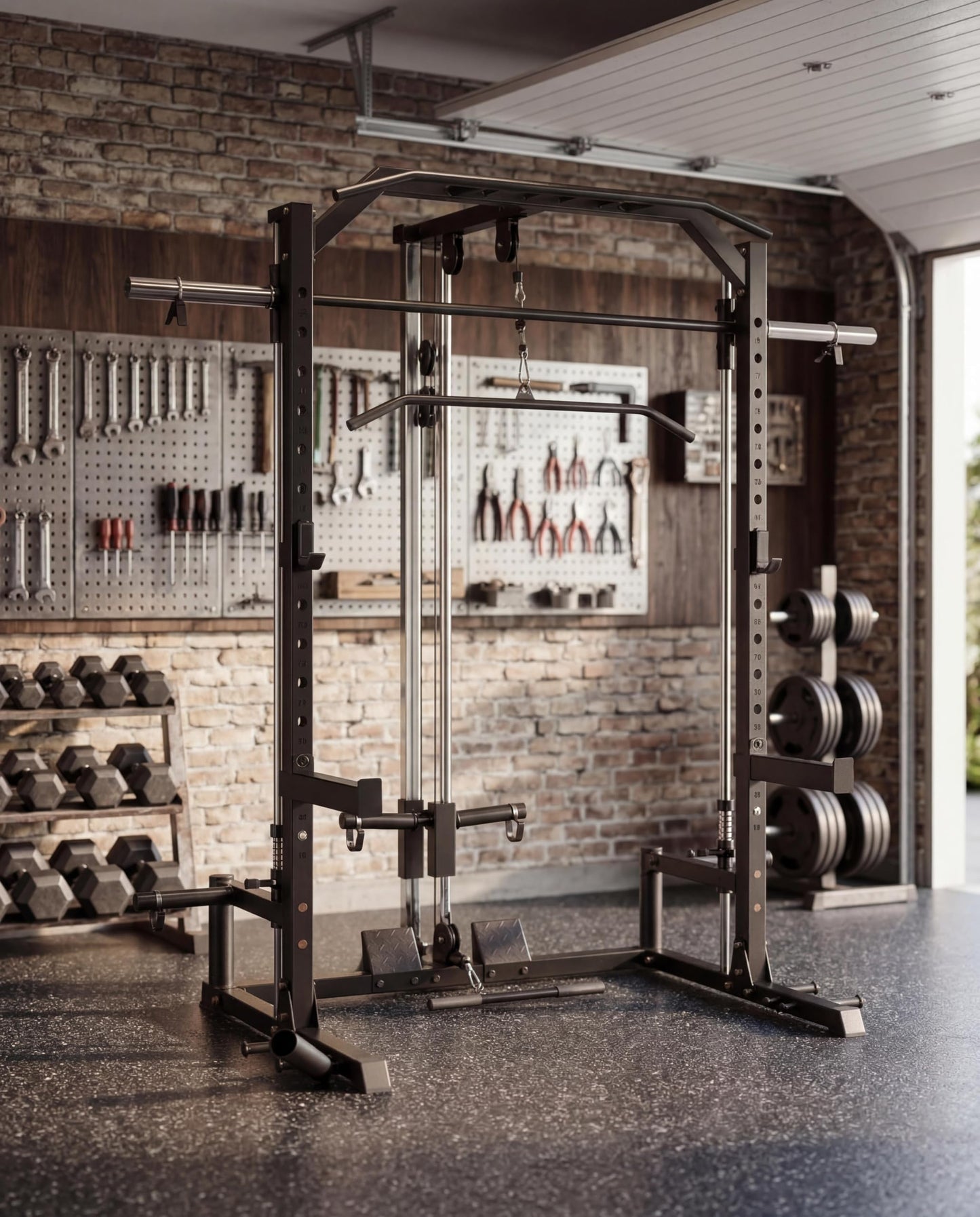 All in One Smith Machine Home Gym, Compact Functional Trainer with Cables & Bench, 1000LBS Capacity Smith Machine for Home, Adjustable Power Rack, Full-Body Strength Training Equipment, LAT Pulldown
