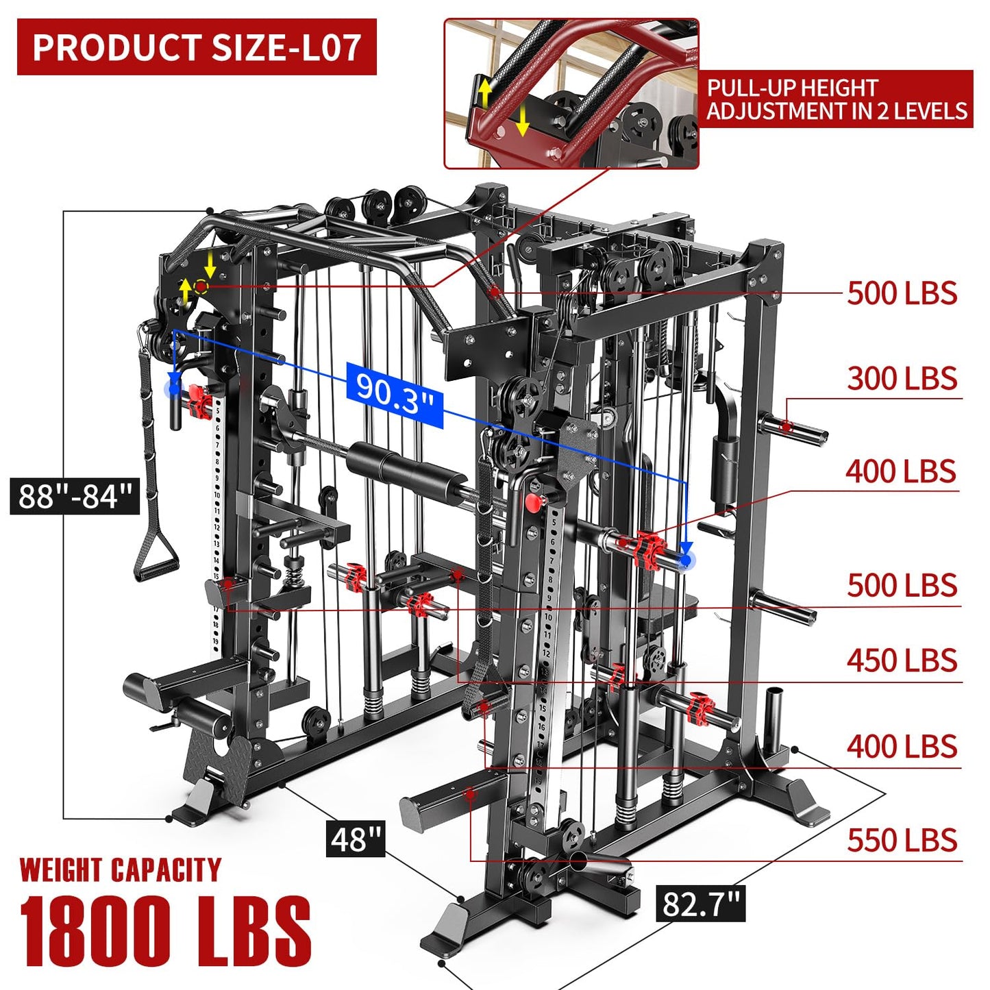 Multi-Purpose Squat Rack,Smith Machine Weight Rack Set with Cable Crossover System, Home Gym Power Racks, Power Racks and Packages (L07 two users, Power cage Black+bench+(pole+Color BP)400LBS)