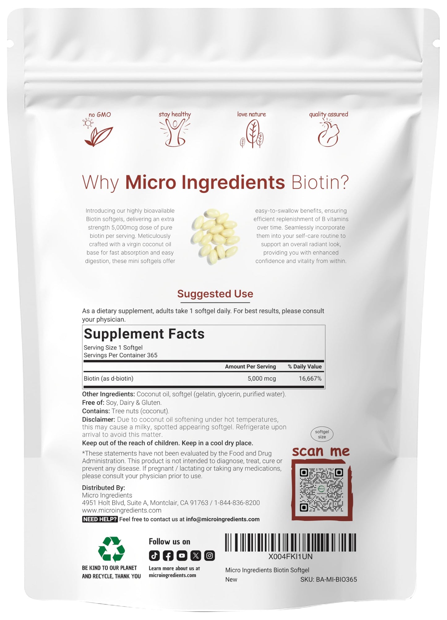 Micro Ingredients Biotin 5,000mcg | 365 Virgin Coconut Oil Softgels, Fast Release, One Year Supply | Supports Healthy Hair, Skin, & Nails | Non-GMO, No Gluten