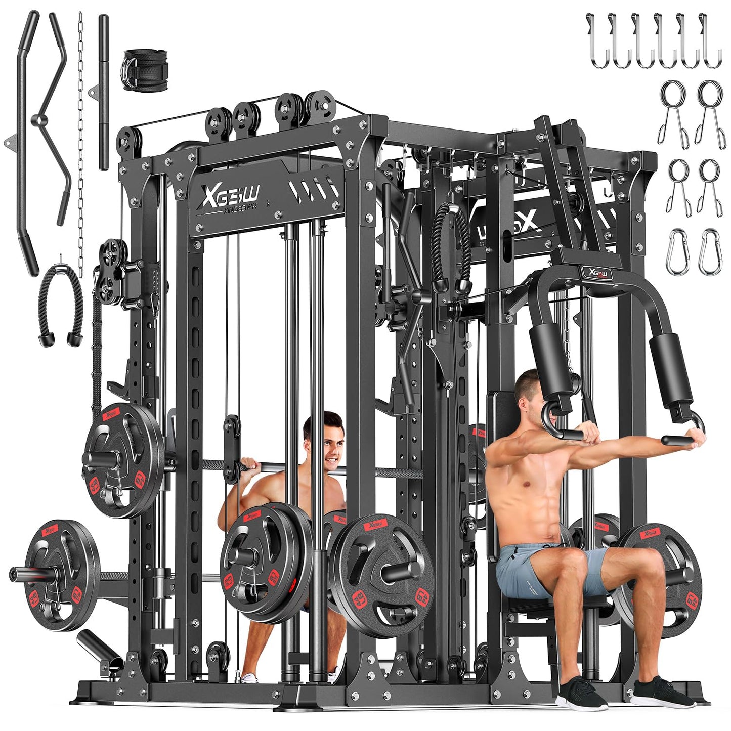 Multi-Purpose Squat Rack,Smith Machine Weight Rack Set with Cable Crossover System, Home Gym Power Racks, Power Racks and Packages (L06 two users, Power cage Black+bench+(pole+Cast lron)250LBS)