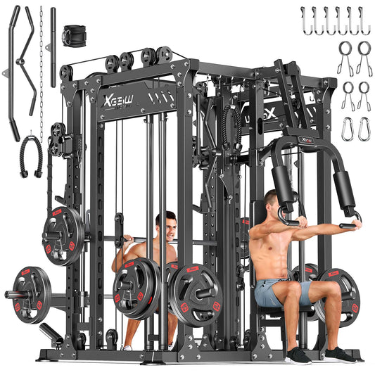 Multi-Purpose Squat Rack,Smith Machine Weight Rack Set with Cable Crossover System, Home Gym Power Racks, Power Racks and Packages (L06 two users, Power cage Black+bench+(pole+Cast lron)250LBS)