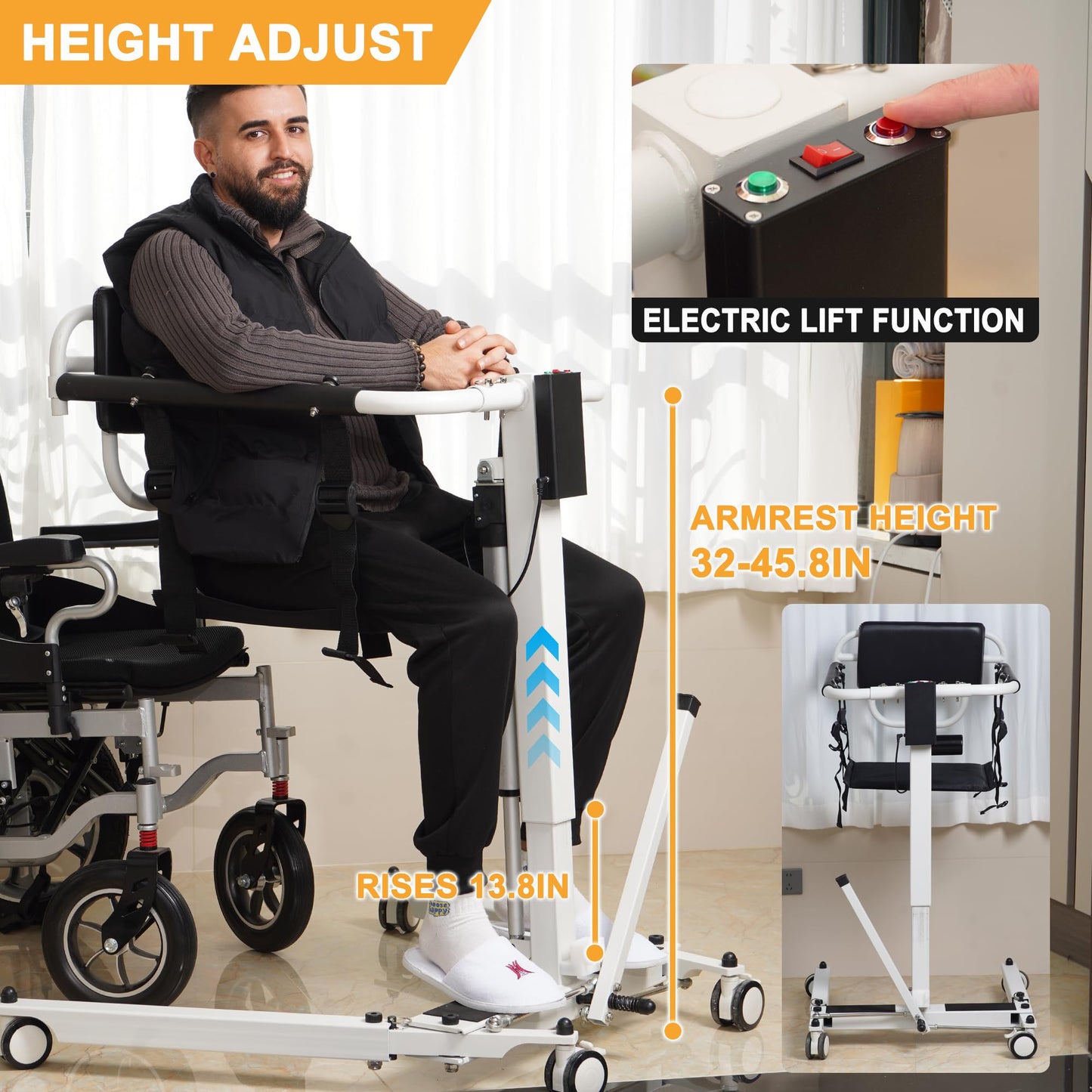 Foldable Electric Patient Lift Transfer Chair, Adjustable Height & Base Width, Portable Mobility Aid for Elderly, Bed to Wheelchair/Sofa/Toilet/Car Transfers (Electric Patient Lift Chair)