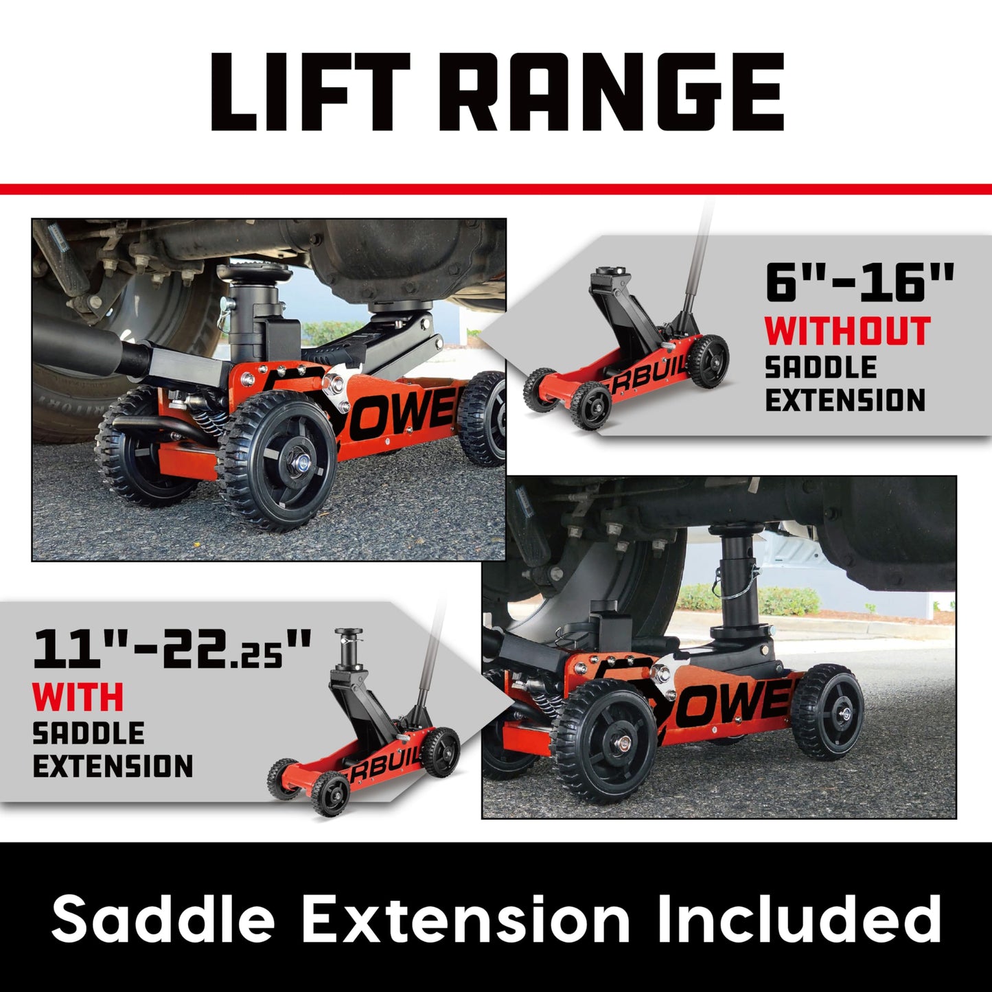 Powerbuilt 2.5 Ton Big Wheel Off Road Jack, Vehicle Lift for Trucks, SUVs, ATVs Offroad Vehicles, Oversized Wheels for Rugged Terrain, 5000 LB Capacity, Orange 620703ECE