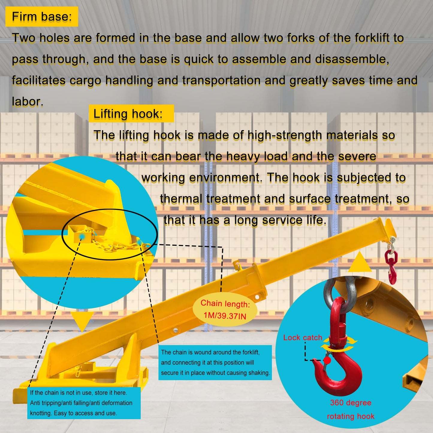 HayWHNKN Forklift Jib Boom Forklift Mobile Crane, 4T / 8800LB Telescopic Crane Attachment with Hook, Max Length 94.5'' Mobile Lifting Hoist Towing Handling for Warehouse & Construction Material