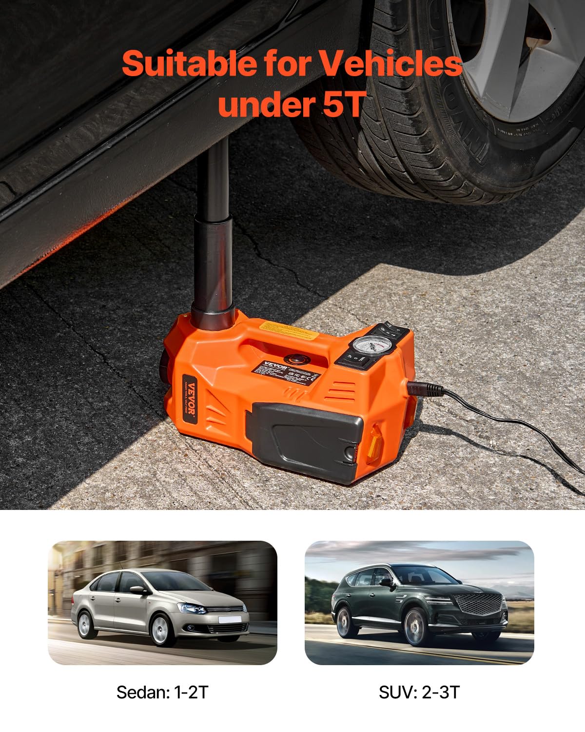 VEVOR Electric Car Jack, 5 Tons /11000 lbs Electric Jack with Built-in Inflator, 12V Adjustable Tire Change Replacement with Secure Hammer & LED Light, Portable Jack kit for Sedan, SUV, Truck