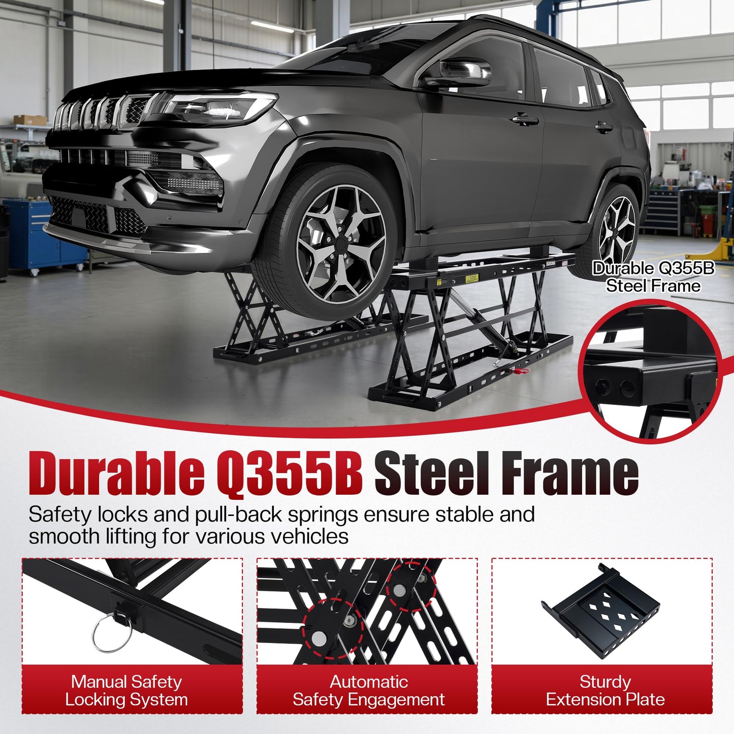 SPECRAFT 7000 LBS Portable Car Lift, Heavy-Duty Hydraulic Quick Jack with 25.4" Max Height, Multi-Safety Lock Bars & Wheels, Adjustable Scissor Lift for Cars, SUVs, Light Trucks, Garage Use, Black