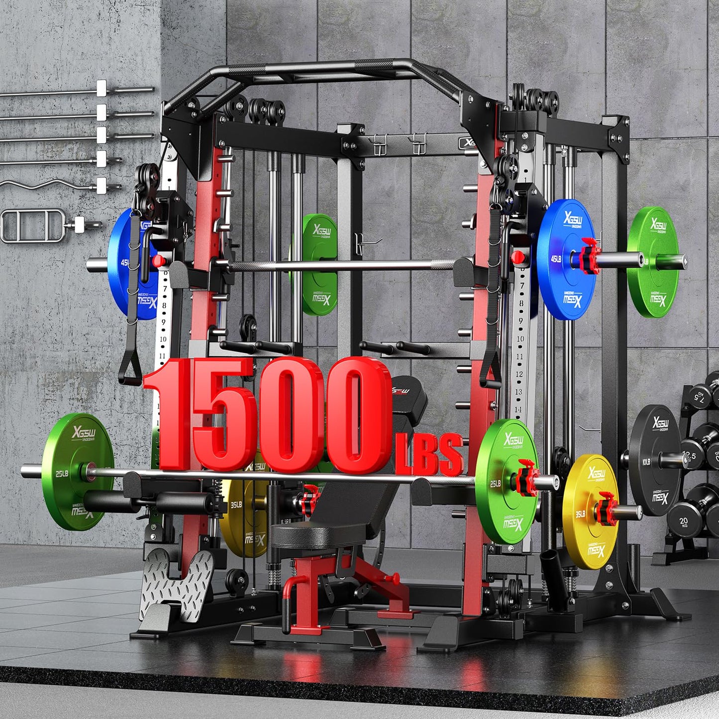 Smith Machine，Multi-Function Squat Rack Power Cage with Cable Crossover System,with Optional Weight Bench, Olympic Barbell Weight Set, for Home Gym (red, L05-Package(（Pole+Cast Iron） 319LBS