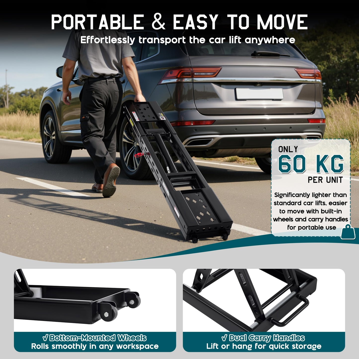 Albott 8000 LBS Portable Car Lift for Home Garage, Heavy-Duty Q355B Steel Vehicle Lift, Adjustable Height up to 27.4", 25–30s Fast Cycle, Locking Levers, Extension Plate, Foldable with Wheels