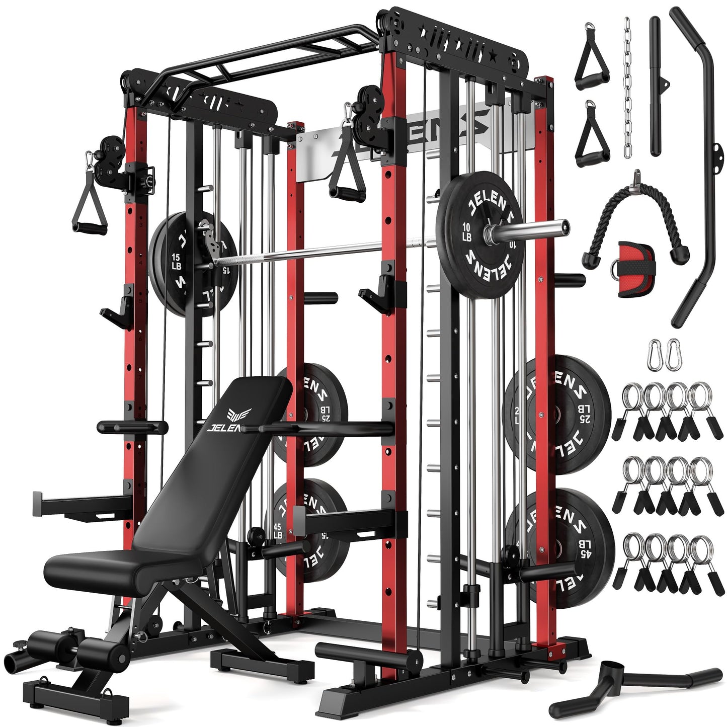JELENS Smith Machine for Home Gym, Multi-Function M12 Power Cage, Squat Rack with Smith Bar and More Attachment (Red, 190LB Black Weights Package)
