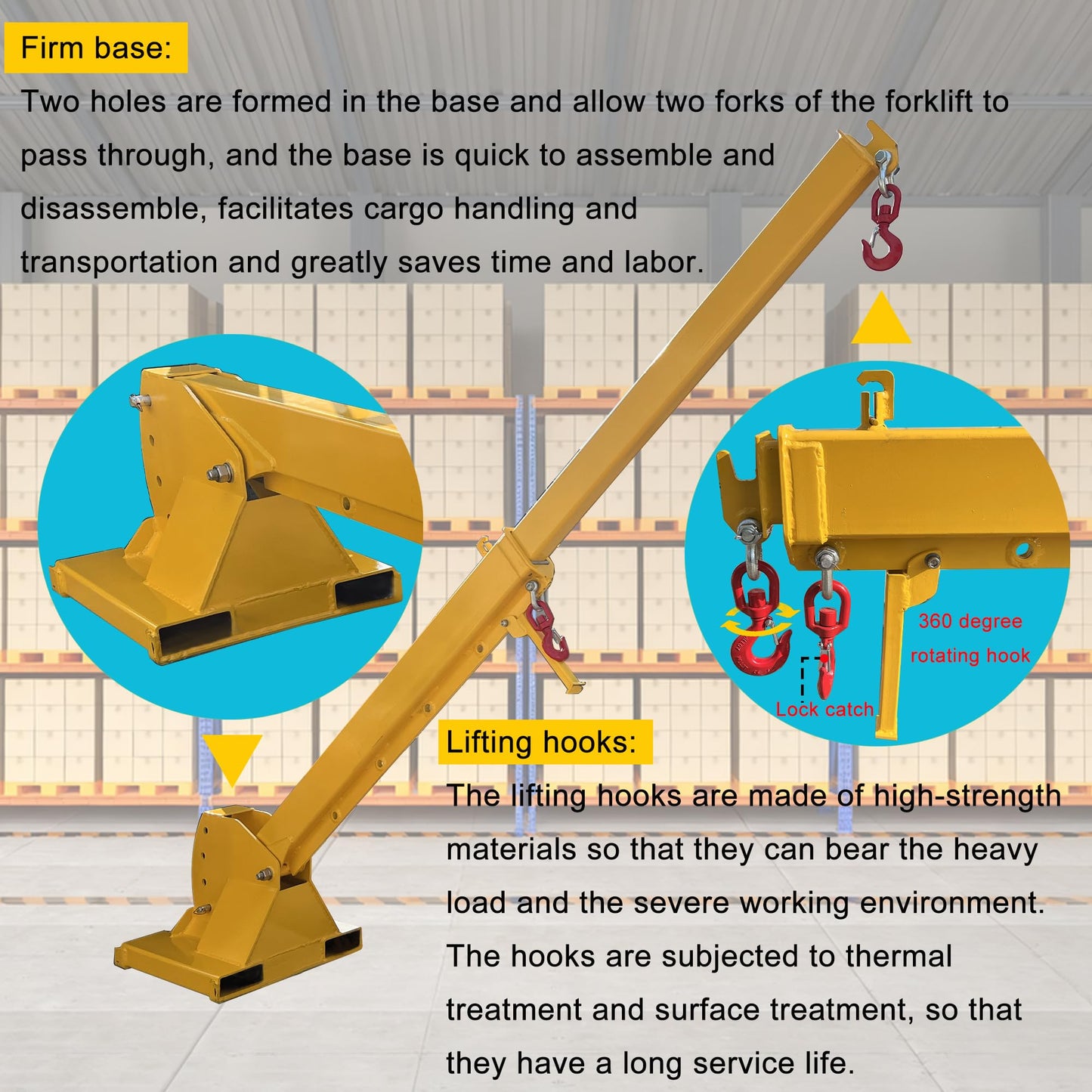 HayWHNKN 2T Forklift Telescopic Jib Boom Forklift Mobile Crane with 0-75° Adjustable Tilt Angle, 7-12ft Extension, 2 Hooks, Heavy-Duty Lifting Hoist Towing Handling for Warehouse Construction Factory