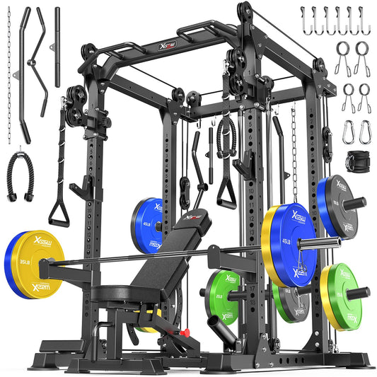 Power Rack Power Cage Multi-Function Squat Rack with Cable Crossover System Selectable More Training Attachment Power Rack for Garage & Home Gym (Black, F Set L02+Weight Bench+（Pole+Color BP） 258LBS)